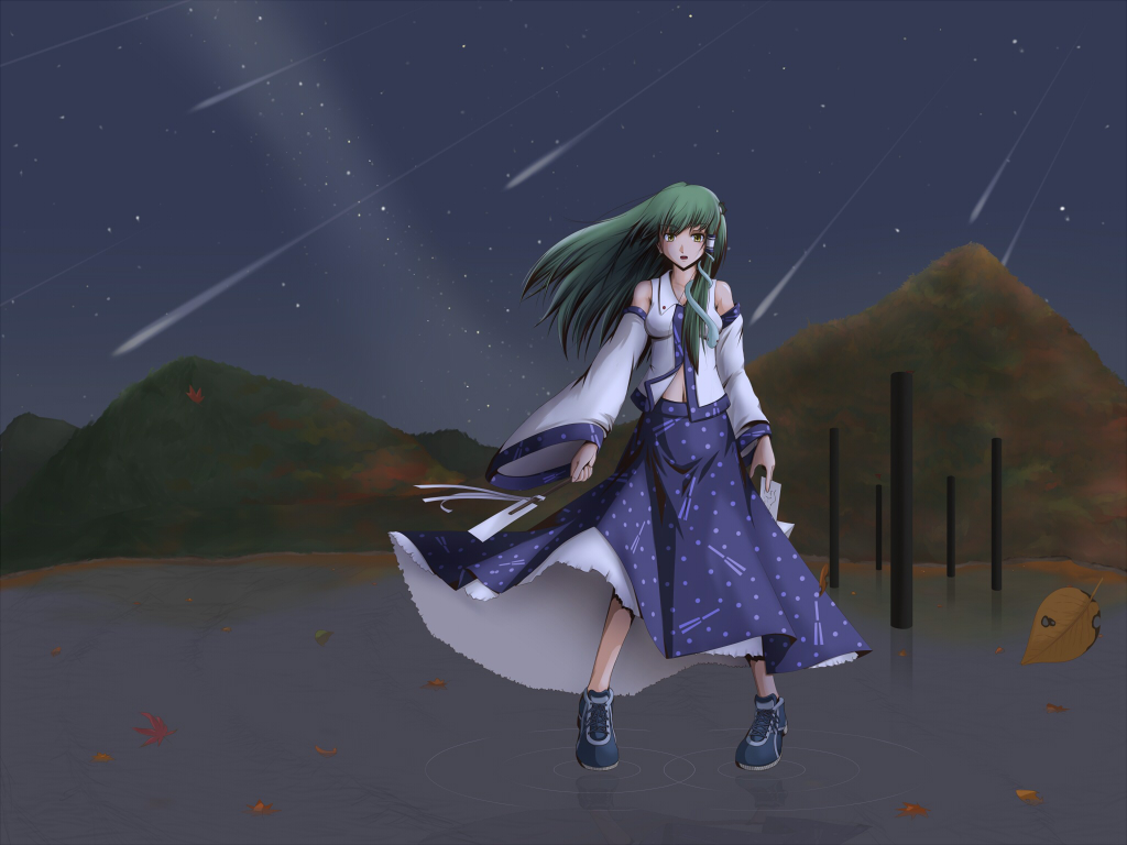 sanen, kochiya sanae, touhou, 1girl, female focus, floating hair, full body, green eyes, green hair, looking at viewer, matching hair/eyes, nontraditional miko, pillar, shooting star, solo, standing, standing on liquid, water