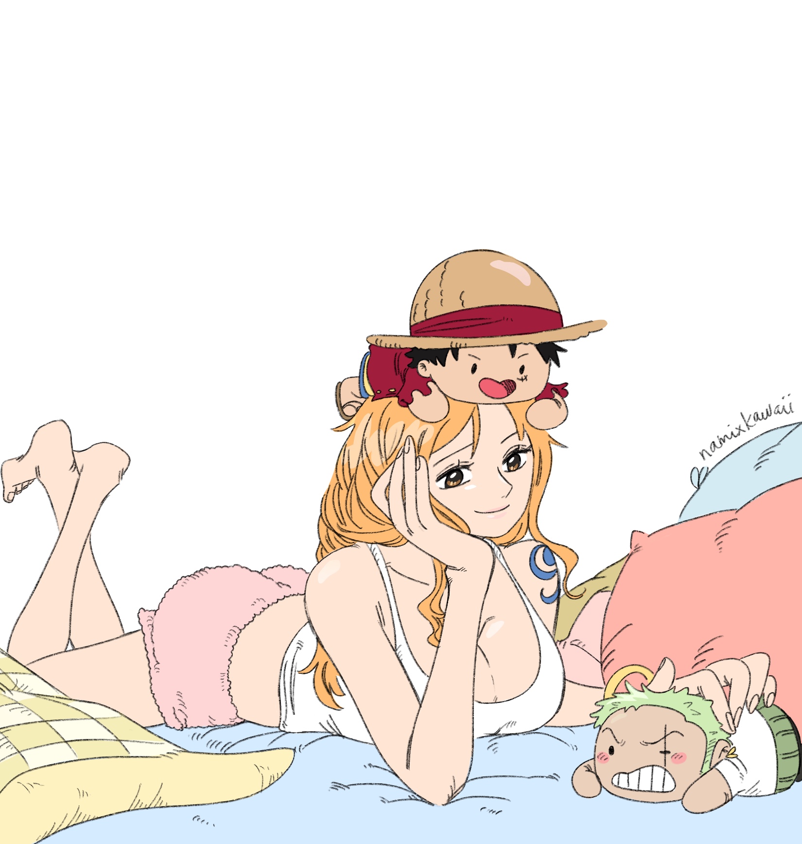namixkawaii, monkey d. luffy, nami (one piece), roronoa zoro, one piece, highres, 1girl, 2boys, bangle, bare legs, barefoot, bed sheet, black hair, bracelet, breasts, brown eyes, camisole, character doll, cleavage, closed mouth, crossed ankles, doll, elbow rest, foot up, fuzzy clothes, green hair, hand on own cheek, hand on own face, hat, jewelry, large breasts, long hair, lying, multiple boys, on head, on stomach, orange hair, pillow, pink shorts, red shirt, scar, scar across eye, scar on face, shirt, short shorts, shorts, shoulder tattoo, simple background, smile, straw hat, tattoo, twitter username, white background, white camisole