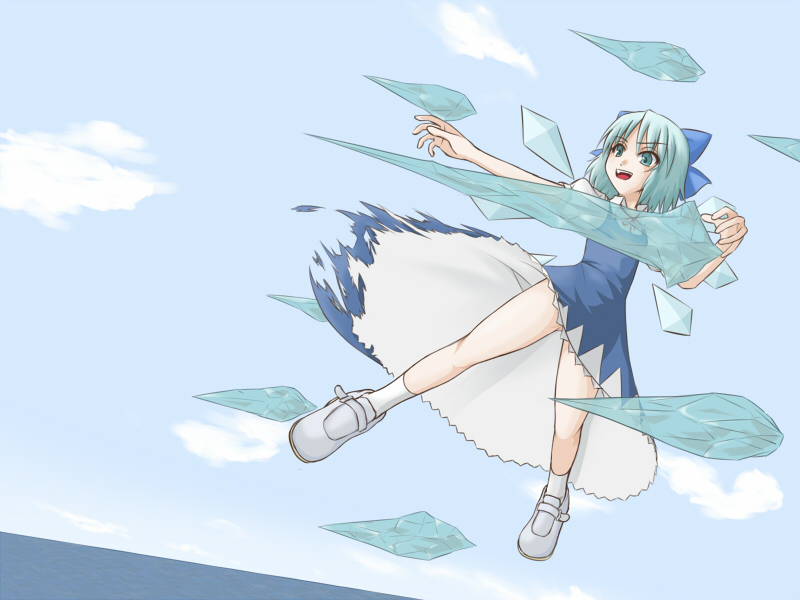sanen, cirno, embodiment of scarlet devil, touhou, 1girl, danmaku, dress, female focus, full body, hair ribbon, outdoors, ribbon, sky, solo, torn clothes