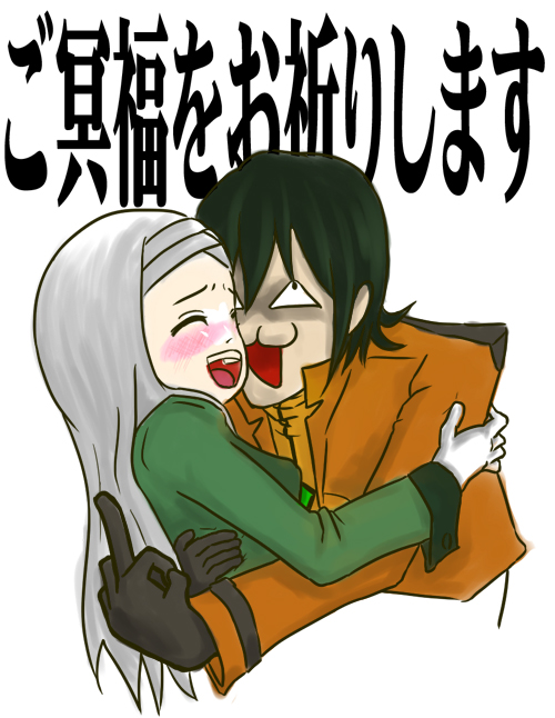 wa ichirou, allelujah haptism, soma peries, gundam, gundam 00, silver hair, translation request, 00s, 1boy, 1girl, :3, blush, couple, gloves, green hair, hetero, hug, middle finger