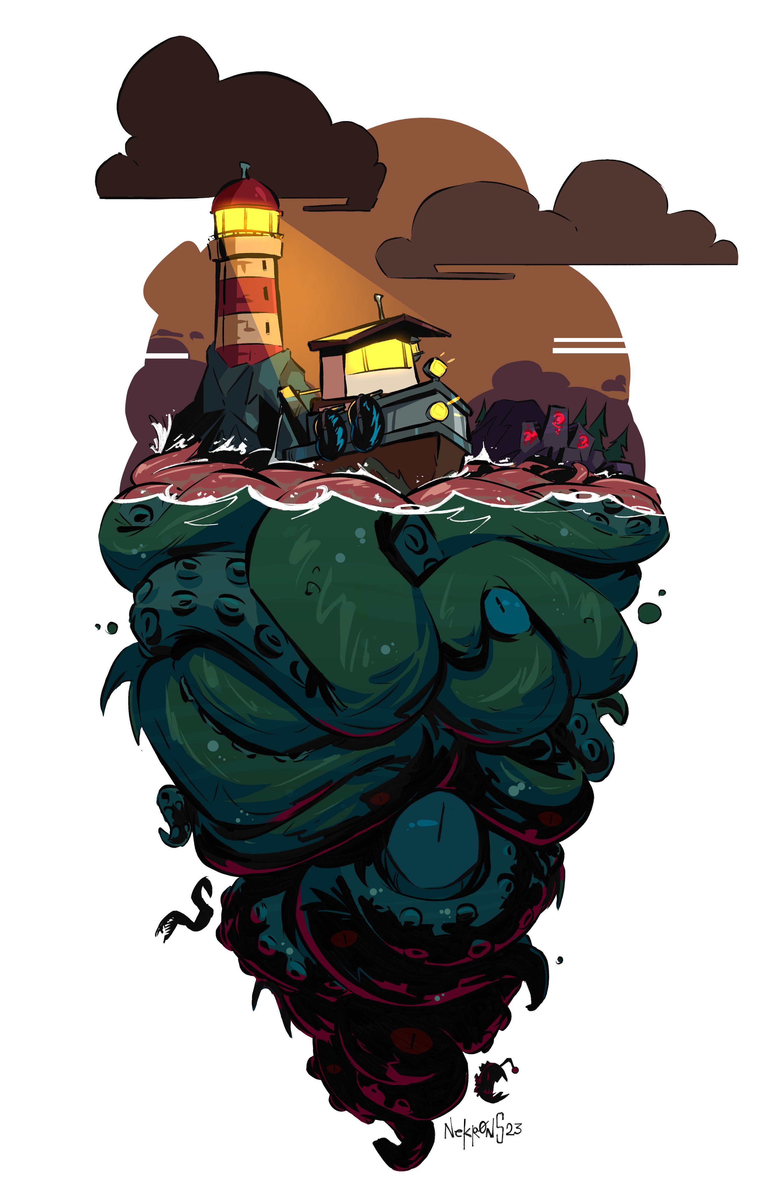 absurdres, highres, boat, cliff, cloud, creature, dark cloud, dredge (video game), light rays, lighthouse, nekr0ns, night, no humans, painterly, rock, runes, scenery, simple background, tentacles, too many eyes, watercraft, waves, white background