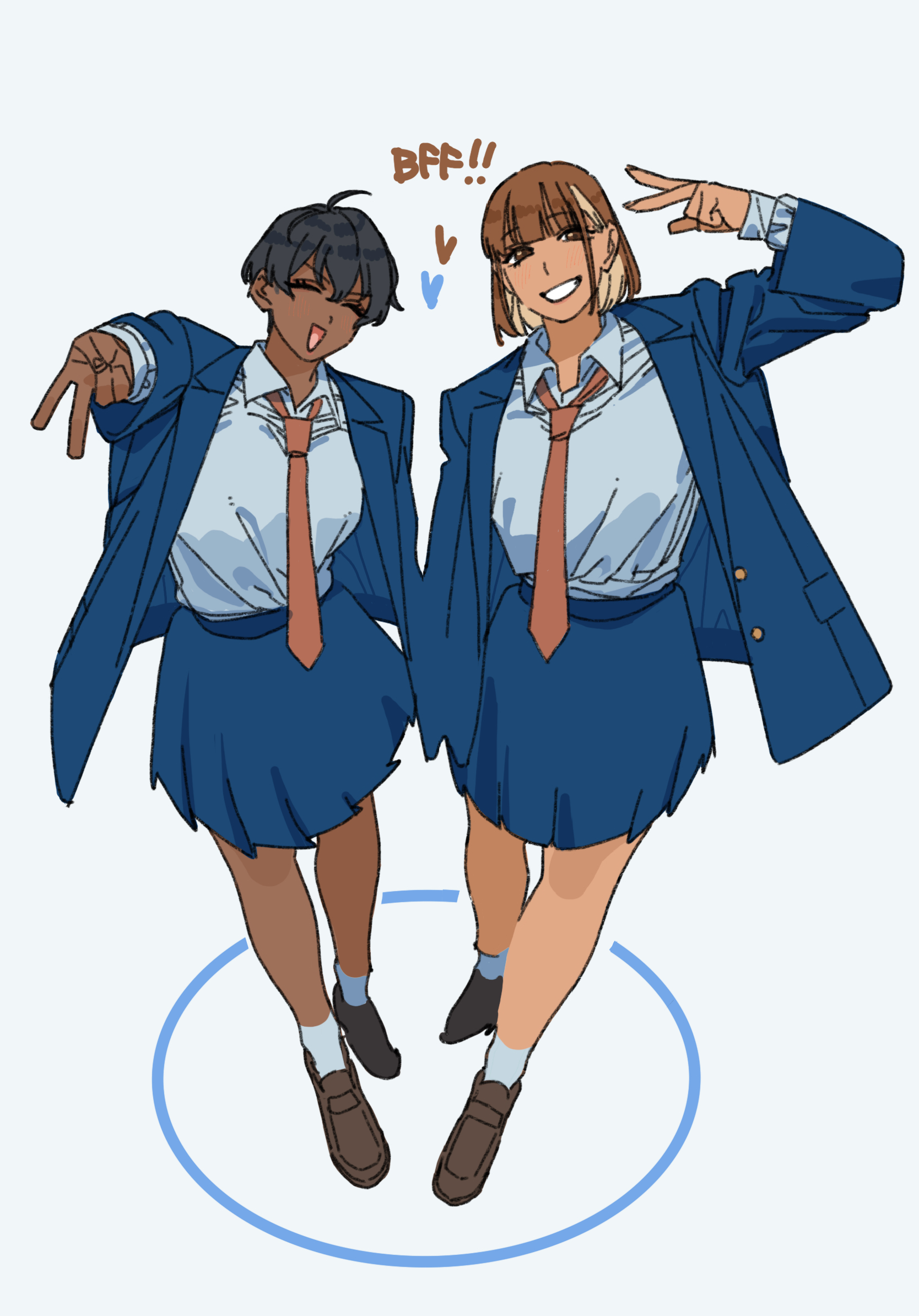 billyonthestraw, original, commentary, english commentary, highres, 2girls, ahoge, colored inner hair, dark-skinned female, dark skin, multicolored hair, multiple girls, necktie, orange necktie, saki satami (billyonthestraw), school uniform, short hair, simple background, toudou mikasa, v