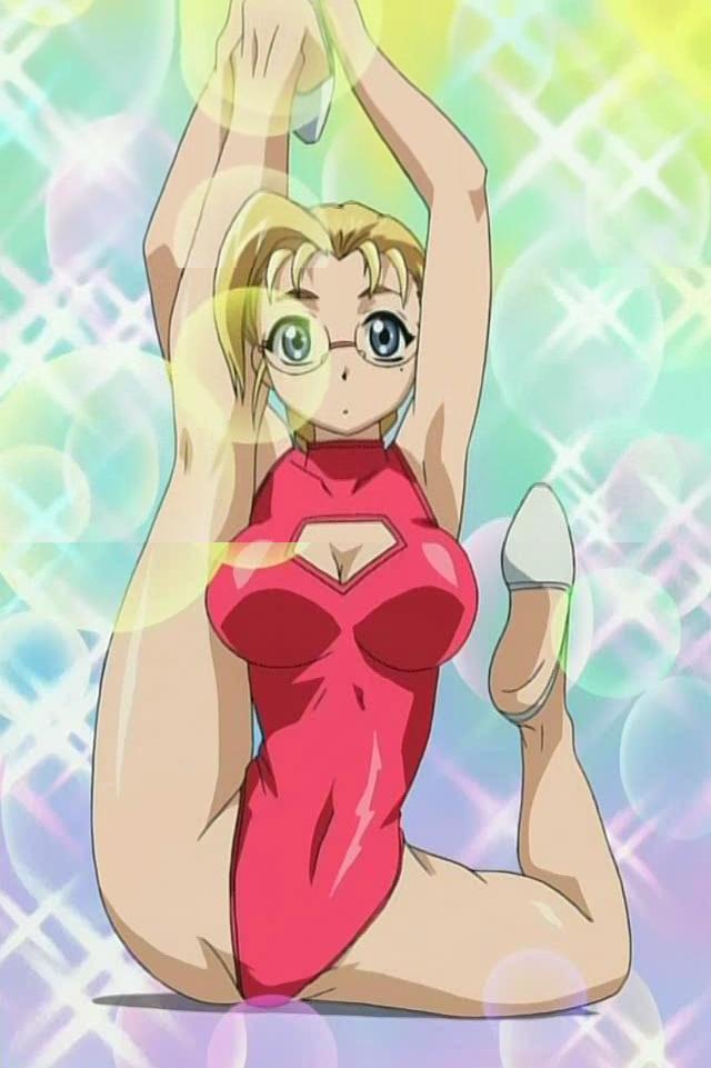 furinji miu, shijou saikyou no deshi ken'ichi, anime screenshot, stitched, third-party edit, 00s, 10s, 1girl, bikini, blonde hair, breasts, contortion, female focus, flexible, glasses, large breasts, leotard, mole, mole under eye, soles, solo, spandex, swimsuit