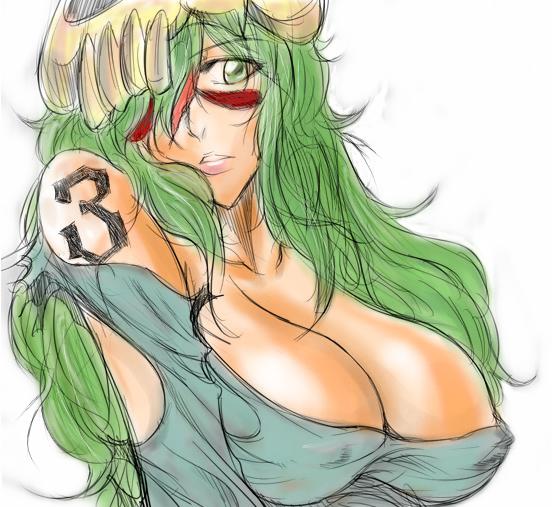 dunga, nelliel tu odelschwanck, bleach, colorized, spoilers, third-party edit, 00s, 1girl, arrancar, breasts, cleavage, covered erect nipples, facial mark, female focus, green eyes, green hair, hair over one eye, hollow (bleach), long hair, matching hair/eyes, number tattoo, skull, solo, tattoo