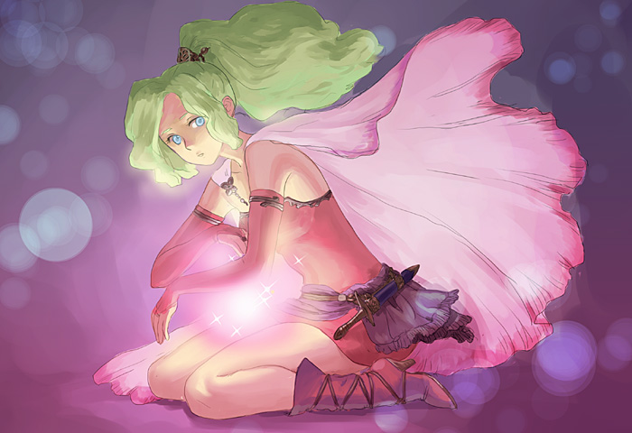 yuccoshi, tina branford, final fantasy, final fantasy vi, 1990s (style), 1girl, boots, bridal gauntlets, cape, dress, elbow gloves, female focus, gloves, glowing, green hair, kneeling, long hair, ponytail, retro artstyle, sash, short dress, solo
