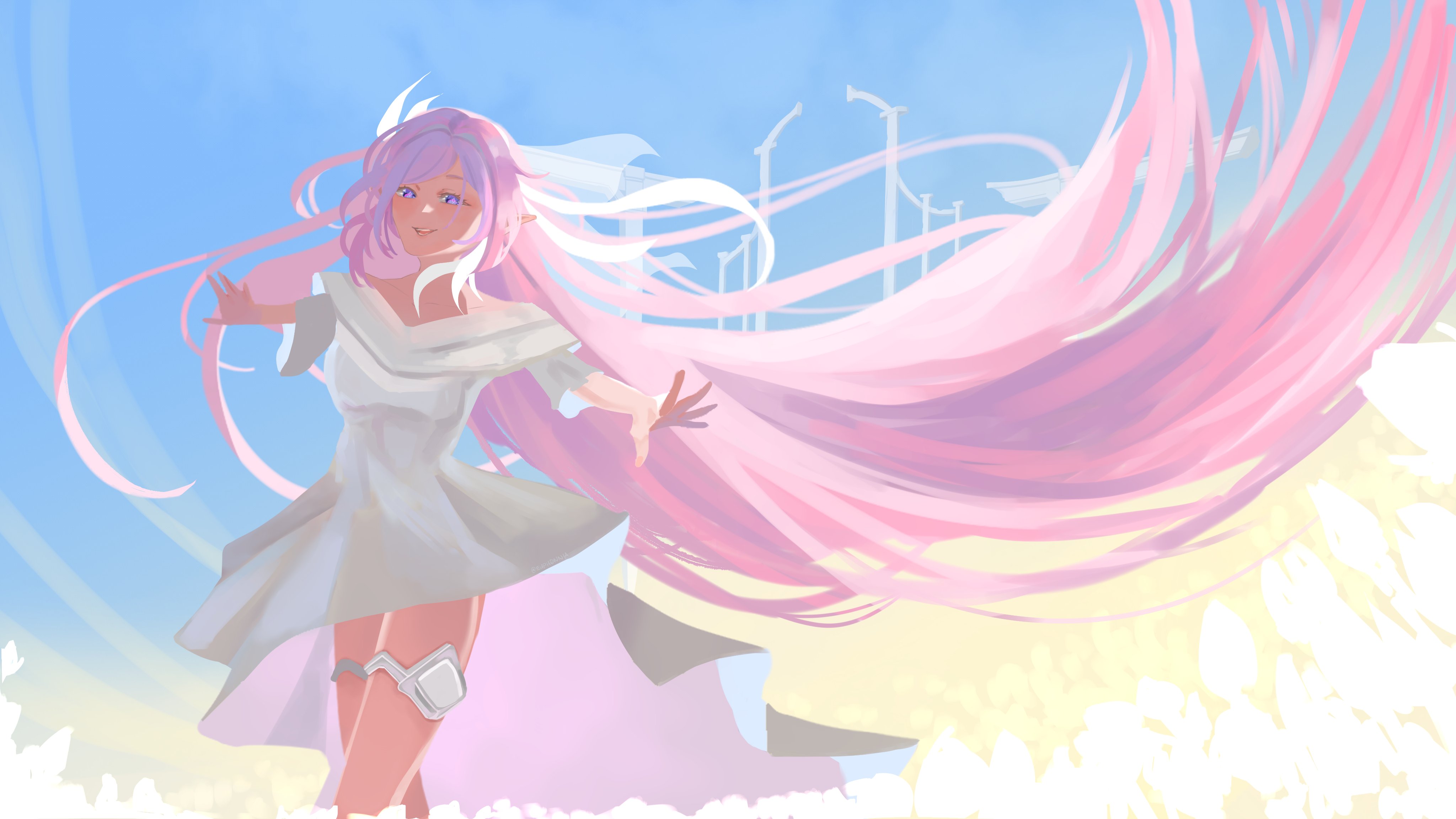 euphonnia, elysia (herrscher of human: ego) (honkai impact), elysia (honkai impact), honkai (series), honkai impact 3rd, absurdres, commentary, english commentary, highres, 1girl, alternate costume, blue sky, bridal veil, diamond-shaped pupils, diamond (shape), dress, elf, long hair, pink hair, pointy ears, purple eyes, sky, solo, symbol-shaped pupils, thigh strap, veil, very long hair, white dress, white hair