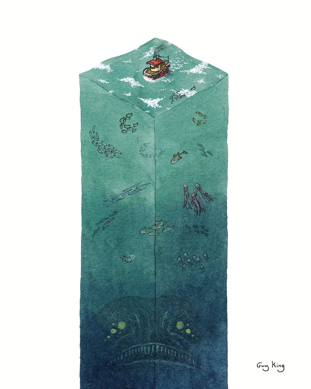 highres, painting (medium), traditional media, watercolor (medium), anglerfish, boat, caustics, creature, dredge (video game), eel, fish, guykingillustration, isometric, jellyfish, mackerel (fish), no humans, ripples, scenery, school of fish, shark, simple background, size difference, smoke, squid, too many eyes, watercolor effect, watercraft, white background
