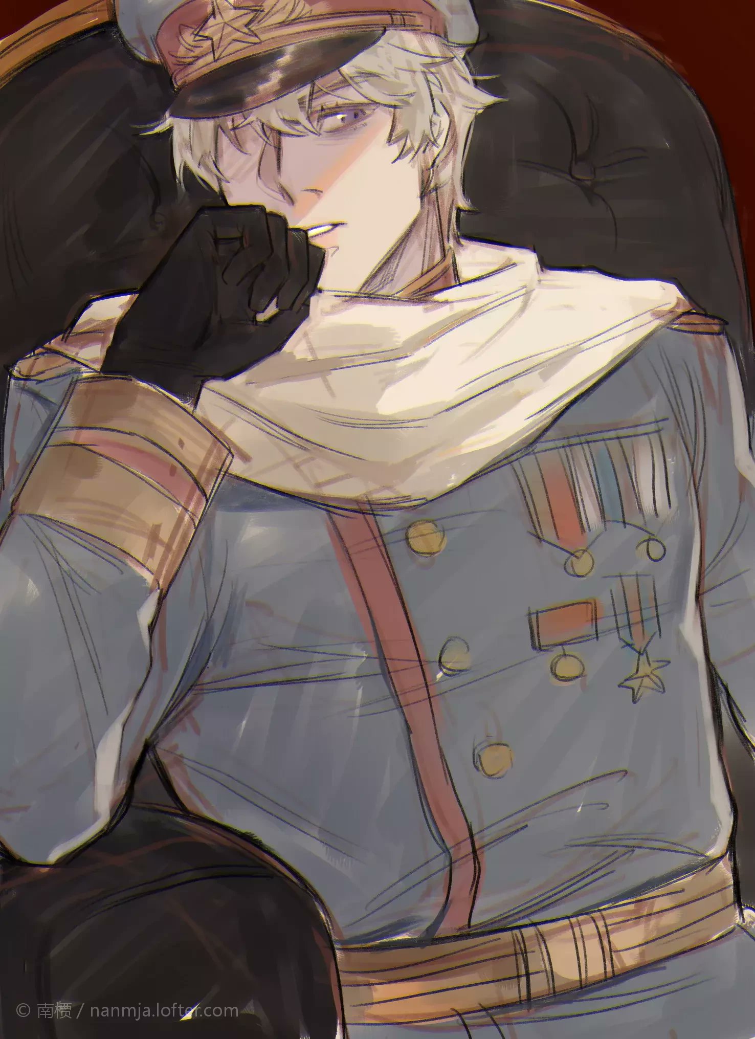 russia (hetalia), axis powers hetalia, chinese commentary, commentary request, highres, 1boy, belt, black gloves, blue hat, blue jacket, buttons, chair, gloves, grey hair, hair between eyes, hand on own face, hand up, hat, hat ornament, jacket, long sleeves, looking afar, male focus, medal, military hat, military jacket, military uniform, nanjia17, on chair, purple eyes, red background, scarf, short hair, simple background, sitting, solo, star (symbol), star hat ornament, teeth, upper body, white scarf, yellow belt