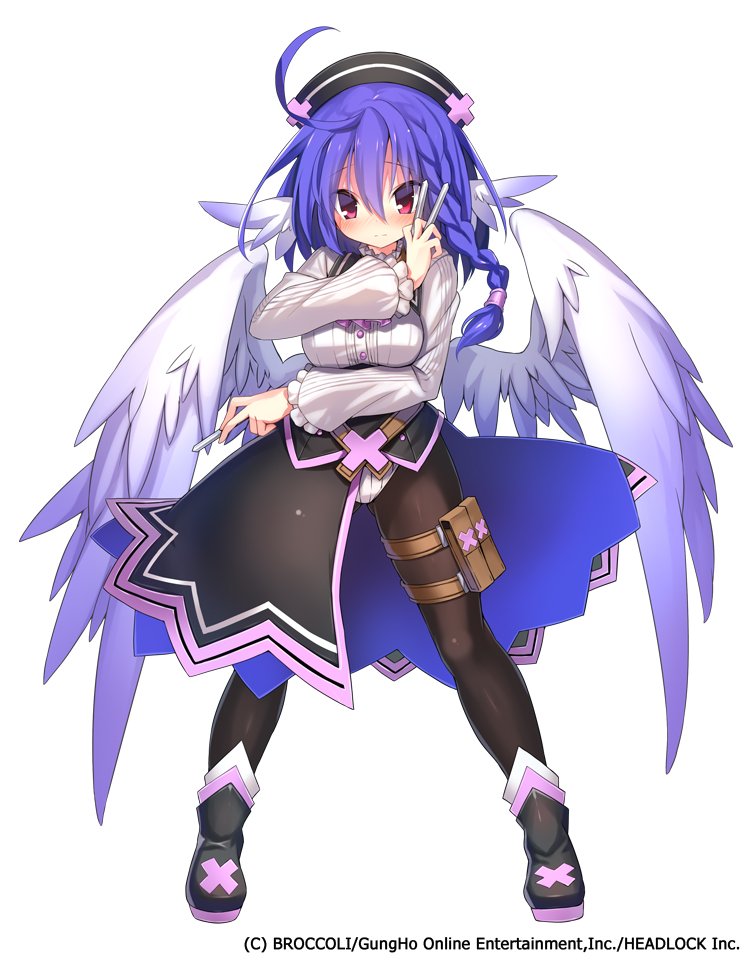 armadillon, emil chronicle online, official art, 1girl, ahoge, black boots, black collar, black hat, black pantyhose, black skirt, blue hair, blue skirt, blush, boots, braid, breasts, collar, company name, copyright notice, half-skirt, hat, head wings, large breasts, leotard, nurse cap, pantyhose, red eyes, shirt, shugoma ran, skirt, solo, striped clothes, striped shirt, two-sided fabric, two-sided skirt, white leotard, white shirt, white wings, wings