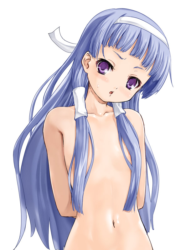 q-gaku, nagi, kannagi, 00s, 1girl, arms behind back, blue hair, blunt bangs, blush, censored, convenient censoring, covering privates, female focus, flat chest, hair censor, hair over breasts, hair tubes, hairband, head tilt, long hair, navel, nude, nude cover, open mouth, purple eyes, solo, sweat