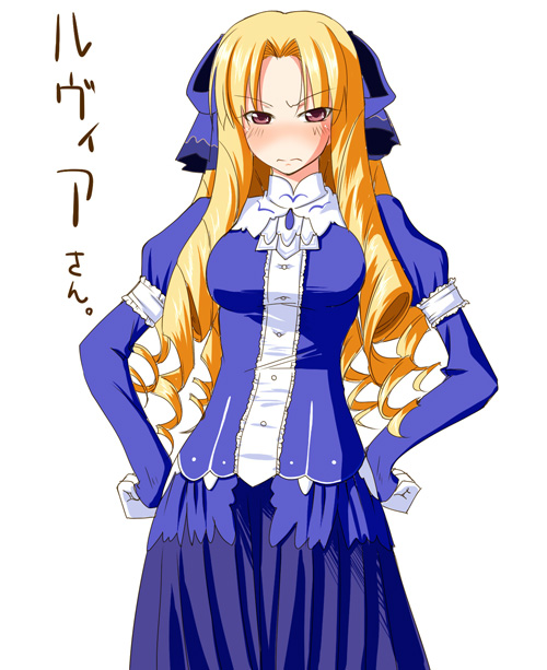 fue (rhomphair), luviagelita edelfelt, fate/hollow ataraxia, fate/stay night, fate (series), translated, 00s, blonde hair, blush, dress, drill hair, hands on own hips, solo
