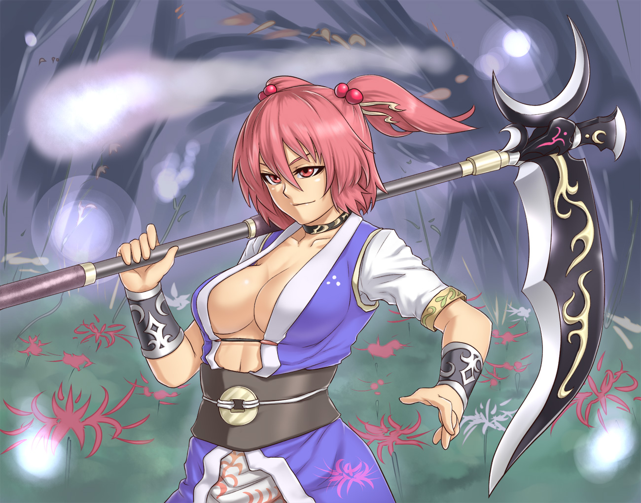 houtengeki, onozuka komachi, touhou, 1girl, alternate weapon, bracer, breasts, choker, cleavage, collarbone, female focus, flower, hair bobbles, hair ornament, hitodama, large breasts, pink eyes, pink hair, red flower, scythe, short hair, solo, spider lily, twintails, two side up, weapon