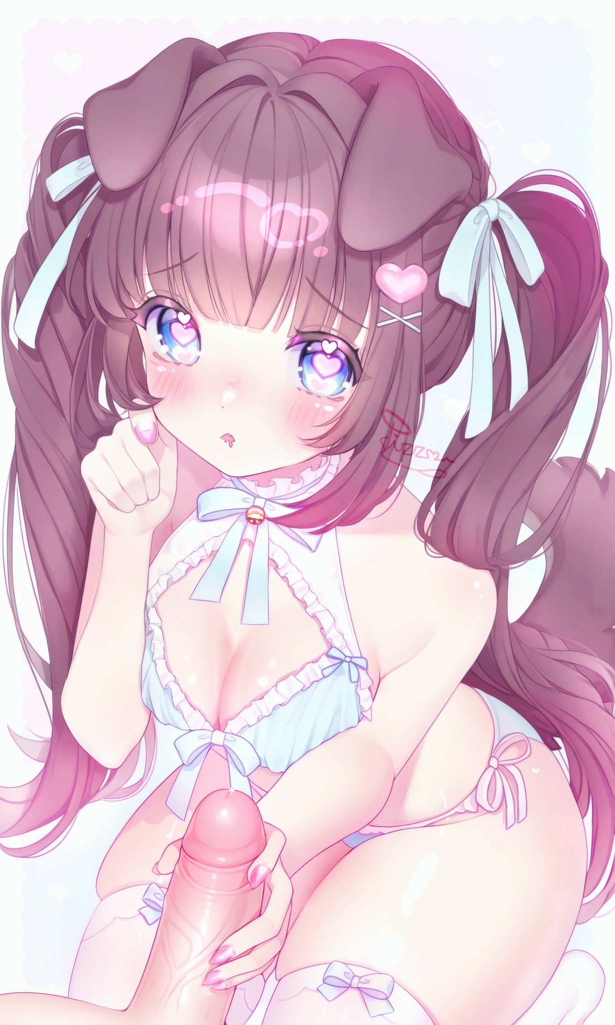 dissociatedcat, original, commentary, english commentary, highres, 1boy, 1girl, animal ears, bell, bikini, blue bikini, blue eyes, blue ribbon, blunt bangs, blush, breasts, brown hair, cleavage, cowboy shot, dog ears, dog girl, dog tail, drooling, fingernails, floppy ears, frilled bikini, frills, hair ornament, hair ribbon, hand up, handjob, heart, heart-shaped pupils, heart hair ornament, hetero, long hair, looking at viewer, medium breasts, mouth drool, nail polish, neck bell, open mouth, penis, pink nails, pink pupils, precum, ribbon, side-tie bikini bottom, simple background, skindentation, solo focus, swimsuit, symbol-shaped pupils, tail, thick thighs, thighhighs, thighs, twintails, white background, white thighhighs, x hair ornament