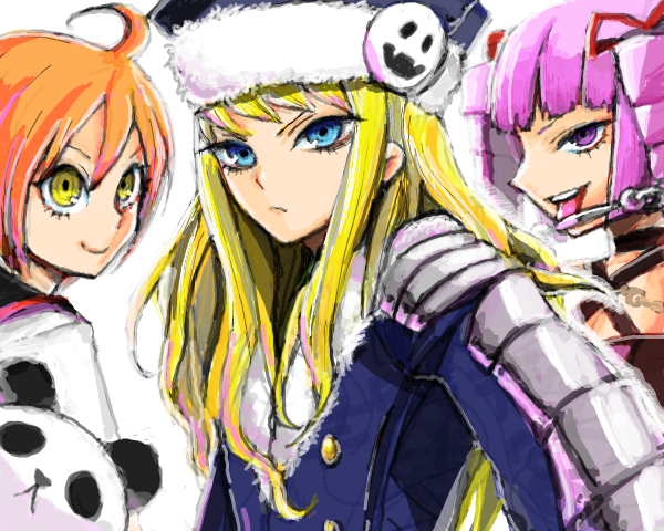 igarashi ran (igatz), igatz, dark hunter, dark hunter (sekaiju), dark hunter 4, gunner (sekaiju), gunner 2 (sekaiju), jack frost (megami tensei), medic (sekaiju), medic 2 (sekaiju), pet (sekaiju), pet 4 (sekaiju), atlus, etrian odyssey, bad id, bad pixiv id, 3girls, :<, :d, ahoge, angry, armor, blonde hair, blue eyes, blunt bangs, buttons, choker, coat, drill hair, flat chest, frown, fur trim, hair ribbon, halterneck, hat, long hair, multiple girls, naughty face, open mouth, orange hair, panda, purple eyes, purple hair, ribbon, sailor collar, short hair, sidelocks, simple background, smile, smiley face, tongue, twin drills, upper body, yellow eyes