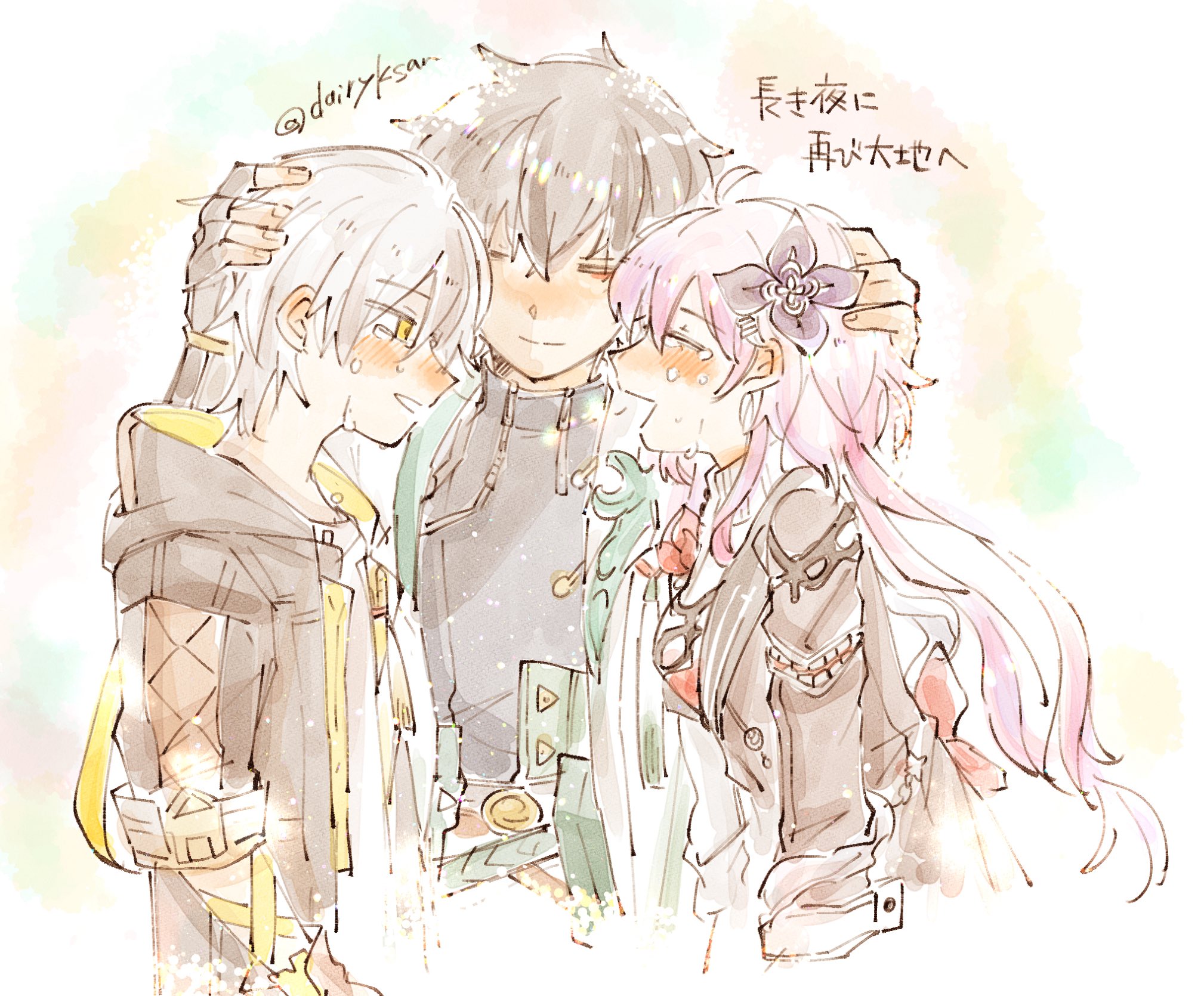 caelus (honkai: star rail), dan heng (honkai: star rail), dan heng (hunt) (honkai: star rail), evernight (honkai: star rail), march 7th (honkai: star rail), trailblazer (honkai: star rail), honkai: star rail, honkai (series), commentary request, highres, 1girl, 2boys, ahoge, arm ribbon, artist name, belt, black coat, black dress, black gloves, black hair, black shirt, blush, chinese clothes, closed eyes, closed mouth, coat, collared dress, constellation print, dairyksan, dress, eyeliner, fingerless gloves, fingernails, flower, flower ornament, gloves, green belt, grey hair, hair between eyes, hair flower, hair ornament, hairclip, hand on another's head, hands up, happy, happy tears, hood, hooded coat, lapels, long sleeves, looking at another, low twintails, makeup, multiple boys, official alternate costume, official alternate hairstyle, open clothes, open coat, open mouth, pink hair, purple flower, red eyeliner, red flower, ribbon, shirt, short hair, simple background, single glove, smile, t-shirt, tassel, tears, twintails, two-sided coat, two-sided fabric, two-tone dress, upper body, wavy hair, white background, white coat, white dress, white shirt, yellow coat, yellow eyes, zipper