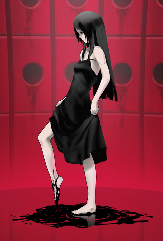 usatarou, original, 1girl, barefoot, black hair, dress, female focus, full body, long hair, red background, red theme, simple background, solo, standing, strap slip