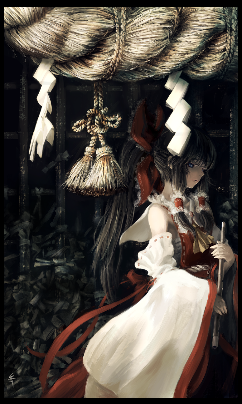 archlich, hakurei reimu, touhou, highres, 1girl, album cover, black hair, cover, detached sleeves, female focus, flute, instrument, japanese clothes, long hair, miko, ponytail, rope, shakuhachi, shide, shimenawa, solo