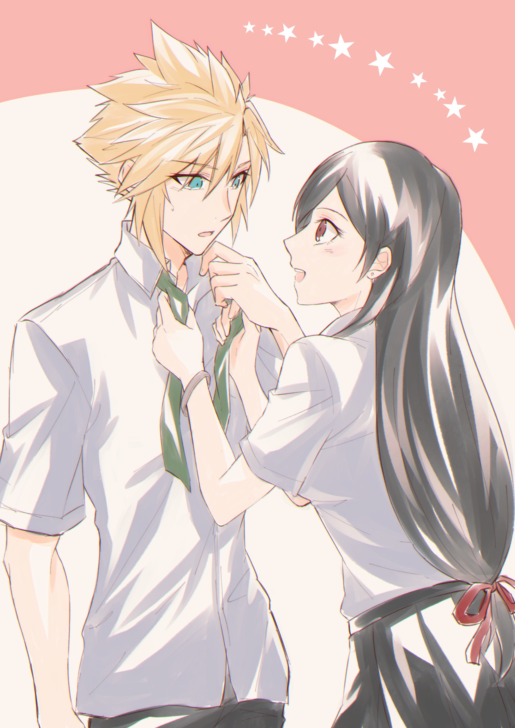 mizuamememe, cloud strife, tifa lockhart, final fantasy, final fantasy vii, final fantasy vii remake, absurdres, commentary request, highres, 1boy, 1girl, adjusting another's clothes, adjusting clothes, adjusting necktie, alternate costume, black hair, black pants, black skirt, blonde hair, blue eyes, blush, collared shirt, contemporary, earrings, green necktie, hair between eyes, height difference, jewelry, long hair, looking at another, low-tied long hair, necktie, open mouth, pants, pleated skirt, red eyes, school uniform, shirt, short sleeves, skirt, spiked hair, star (symbol), stud earrings, sweatdrop, upper body, white shirt