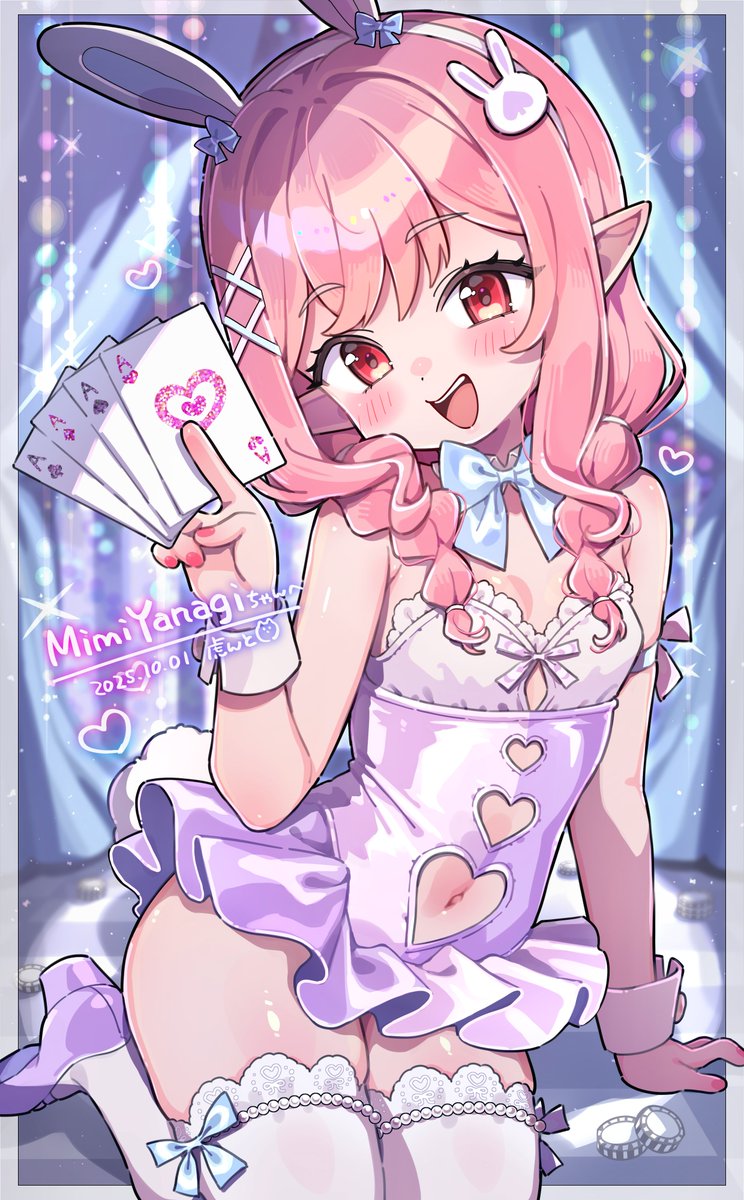 trente, yanagi mimi, indie virtual youtuber, commentary, commission, english commentary, highres, second-party source, skeb commission, 1girl, :d, animal ear hairband, animal ears, armpit crease, between fingers, blue bow, blue bowtie, bow, bowtie, braid, breasts, card, card between fingers, character name, clothing cutout, collar, detached collar, fake animal ears, fake tail, frilled leotard, frills, hair ornament, hairband, heart cutout, holding, leotard, long hair, looking at viewer, navel cutout, open mouth, pink hair, pink nails, playboy bunny, pointy ears, purple shoes, rabbit ears, rabbit hair ornament, rabbit tail, red eyes, shoes, skindentation, small breasts, smile, solo, strapless, strapless leotard, tail, teeth, thighhighs, twin braids, upper teeth only, virtual youtuber, white collar, white hairband, white leotard, white thighhighs, white wrist cuffs, wrist cuffs, x hair ornament