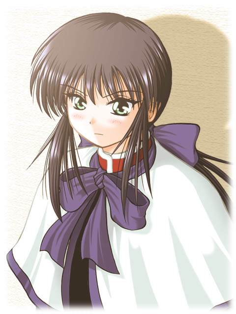keito (keito-ya), kawasumi mai, kanon, key (company), archived source, commentary request, 1girl, 2000s (style), black hair, bloom, blue ribbon, blush, border, bow, capelet, closed mouth, dated commentary, dot nose, fading border, frown, green eyes, hair bow, long hair, low-tied long hair, neck ribbon, ponytail, retro artstyle, ribbon, school uniform, shadow, sidelocks, simple background, solo, upper body, v-shaped eyebrows, white border, white capelet