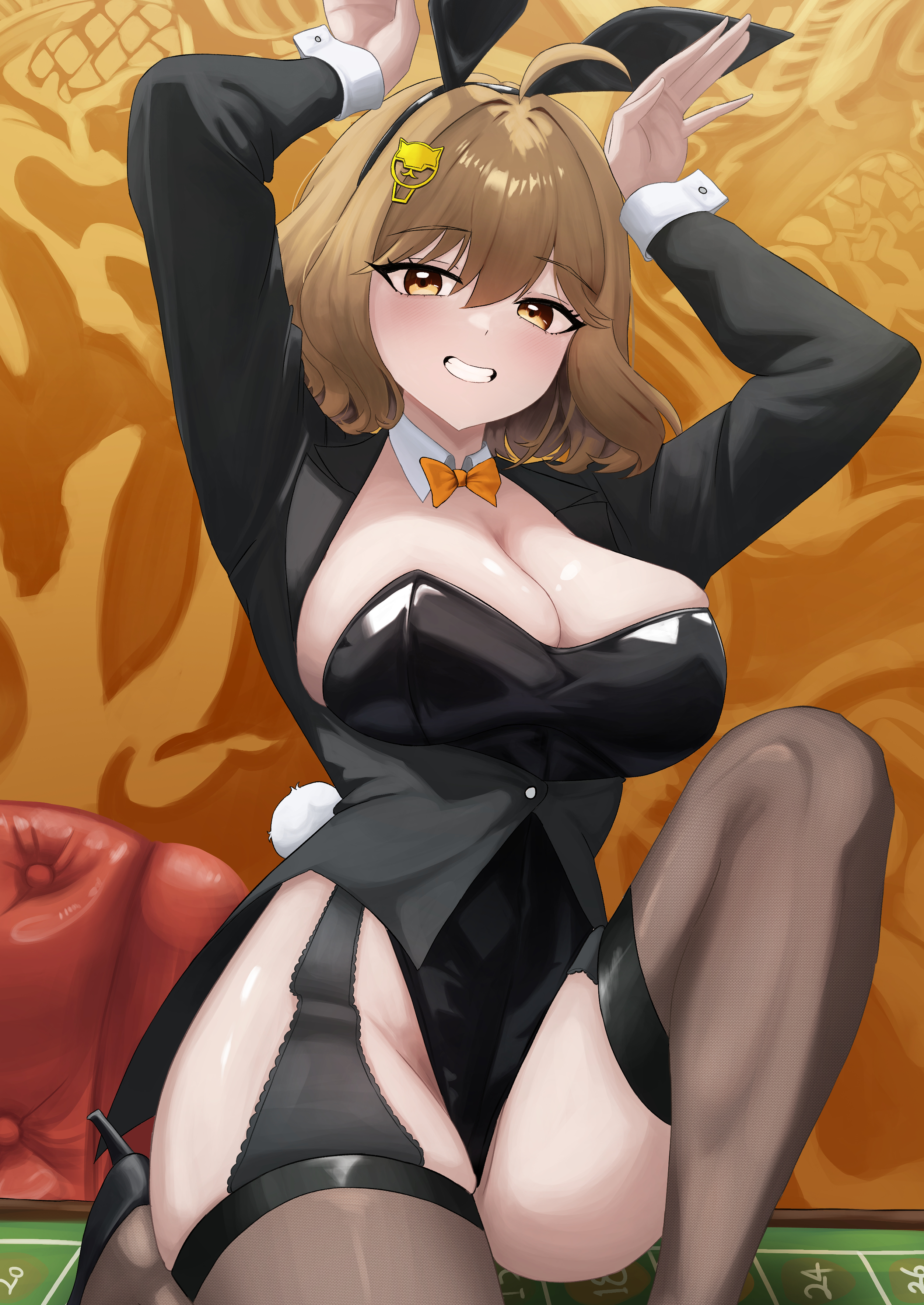 small chair (xiaosaiyi33818), anis (nikke), goddess of victory: nikke, absurdres, commentary request, highres, korean commentary, 1girl, alternate costume, animal ears, black garter straps, black leotard, black thighhighs, breasts, brown eyes, brown hair, casino, cleavage, fake animal ears, fake tail, garter straps, indoors, large breasts, leotard, playboy bunny, rabbit ears, rabbit pose, rabbit tail, short hair, shrug (clothing), smile, solo, tail, thighhighs, thighs
