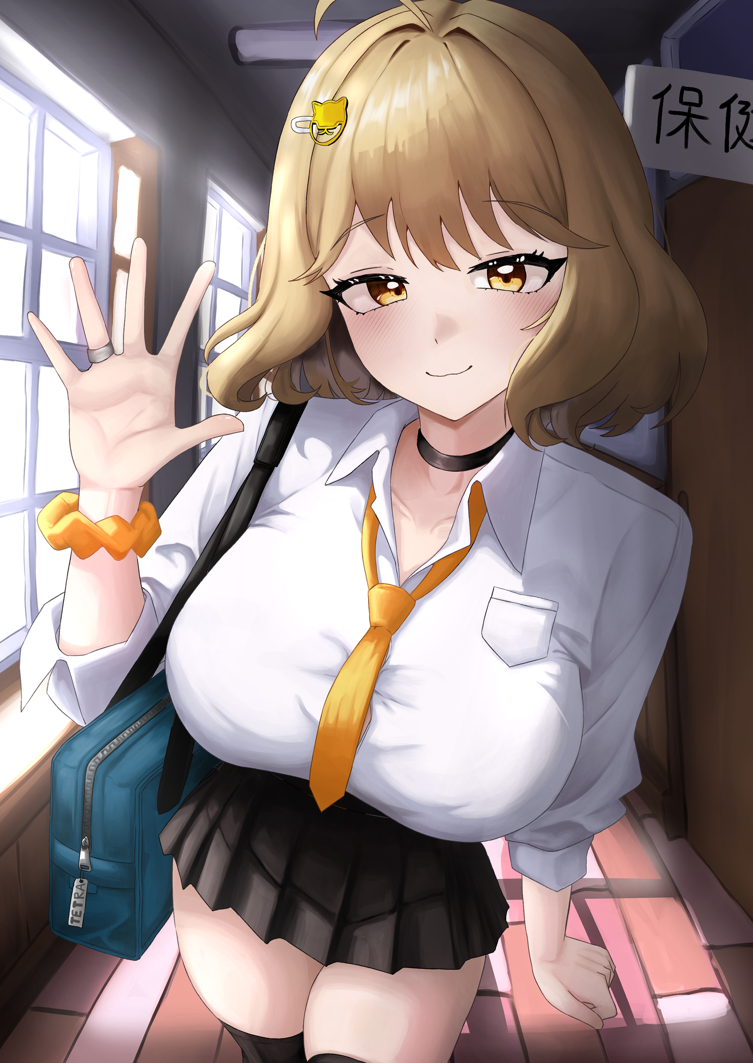 small chair (xiaosaiyi33818), anis (nikke), goddess of victory: nikke, absurdres, commentary request, highres, korean commentary, 1girl, ahoge, alternate costume, bag, black choker, black skirt, breasts, brown eyes, brown hair, choker, indoors, large breasts, looking at viewer, miniskirt, necktie, school, school uniform, scrunchie, shirt, short hair, shoulder bag, skirt, solo, white shirt, wrist scrunchie, yellow necktie