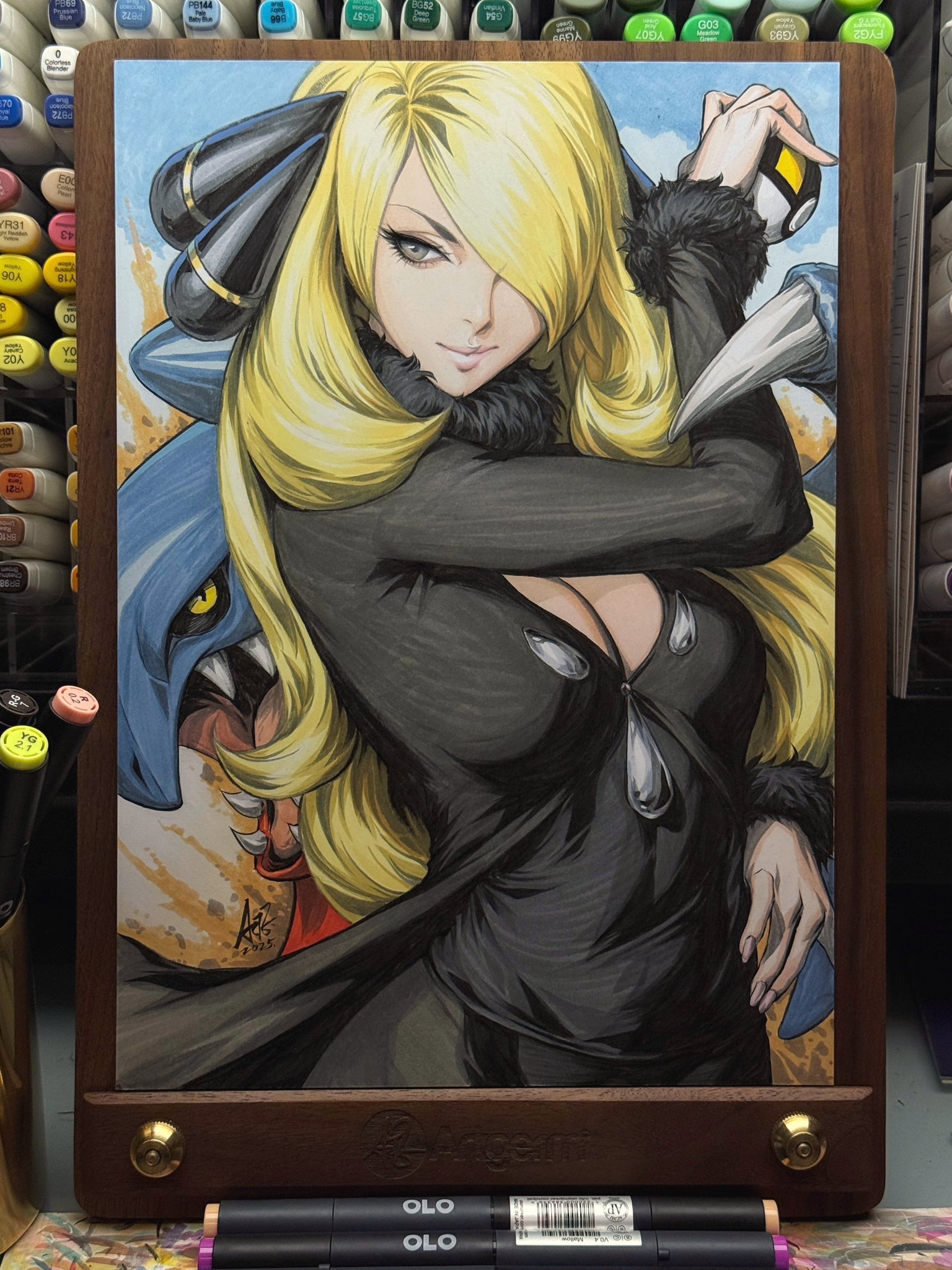 stanley lau, cynthia (pokemon), garchomp, nintendo, pokemon, pokemon dppt, commentary, english commentary, highres, marker (medium), traditional media, 1girl, 1other, art tools in frame, black sclera, blonde hair, breasts, cleavage, colored sclera, eyelashes, fangs, fur-trimmed sleeves, fur collar, fur trim, gen 4 pokemon, grey eyes, hair over one eye, holding, holding poke ball, long hair, poke ball, pokemon (creature), sharp teeth, smile, talons, teeth, ultra ball, very long hair, wavy hair, yellow eyes