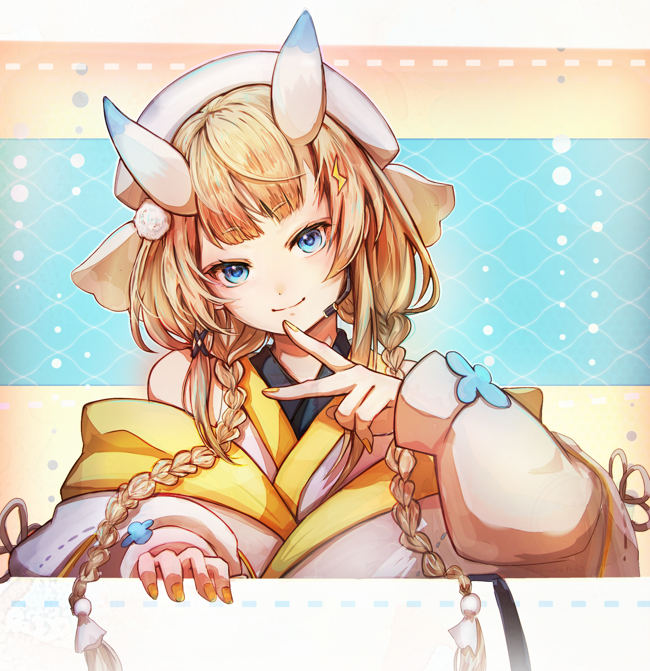 shikanoyo, kadou mikaru, nijisanji, highres, 1girl, bare shoulders, blonde hair, blue eyes, blue horns, blush, braid, closed mouth, flower knot, hair ornament, hair over shoulder, hat, headset, horns, jacket, jacket partially removed, japanese clothes, kimono, layered sleeves, lightning bolt, lightning bolt hair ornament, lightning bolt symbol, long sleeves, looking at viewer, low twin braids, multicolored horns, nail polish, pom pom (clothes), pom pom hair ornament, puffy long sleeves, puffy sleeves, short over long sleeves, short sleeves, sidelocks, solo, teruterubouzu, twin braids, two-tone horns, upper body, v, virtual youtuber, white hat, white horns, white jacket, white kimono, x hair ornament, yellow nails, yellow trim