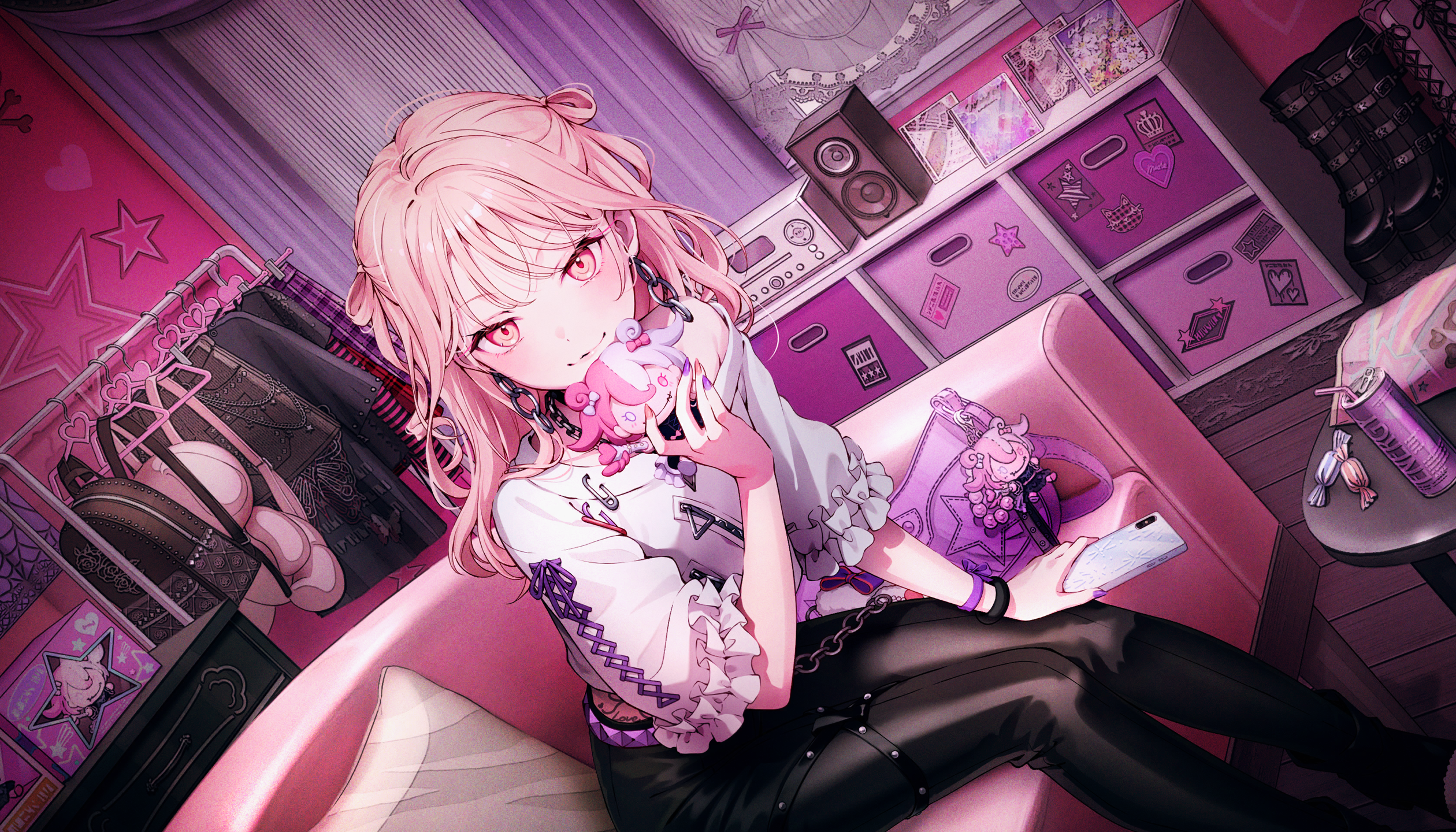 colorful palette, akiyama mizuki, project sekai, highres, official art, 1other, black pantyhose, bracelet, cellphone, closed mouth, doll, dutch angle, earrings, holding, holding doll, holding phone, indoors, jewelry, looking at viewer, other focus, our golden days (project sekai), pantyhose, phone, pink eyes, pink hair, shirt, sitting, smartphone, smile, solo, two side up, white shirt