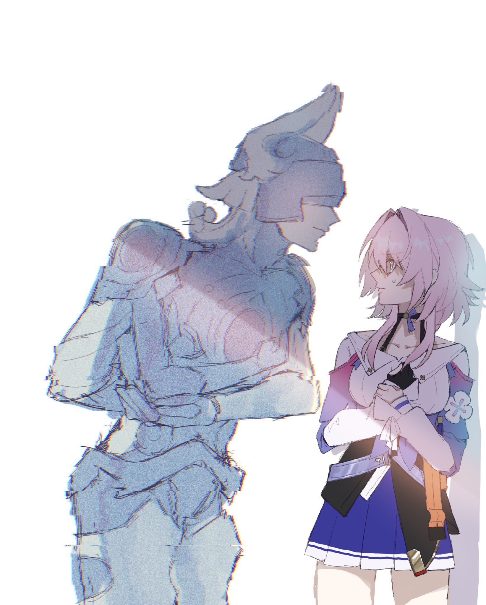 6juo on, lygus (honkai: star rail), march 7th (honkai: star rail), march 7th (preservation) (honkai: star rail), honkai: star rail, honkai (series), highres, 1boy, 1girl, black overskirt, blue skirt, choker, covered eyes, flower, glitch, gloves, hair between eyes, helmet, hole in chest, hole on body, humanoid robot, medium hair, off shoulder, partially fingerless gloves, pink hair, robot, shirt, skirt, sweatdrop, white background, white shirt