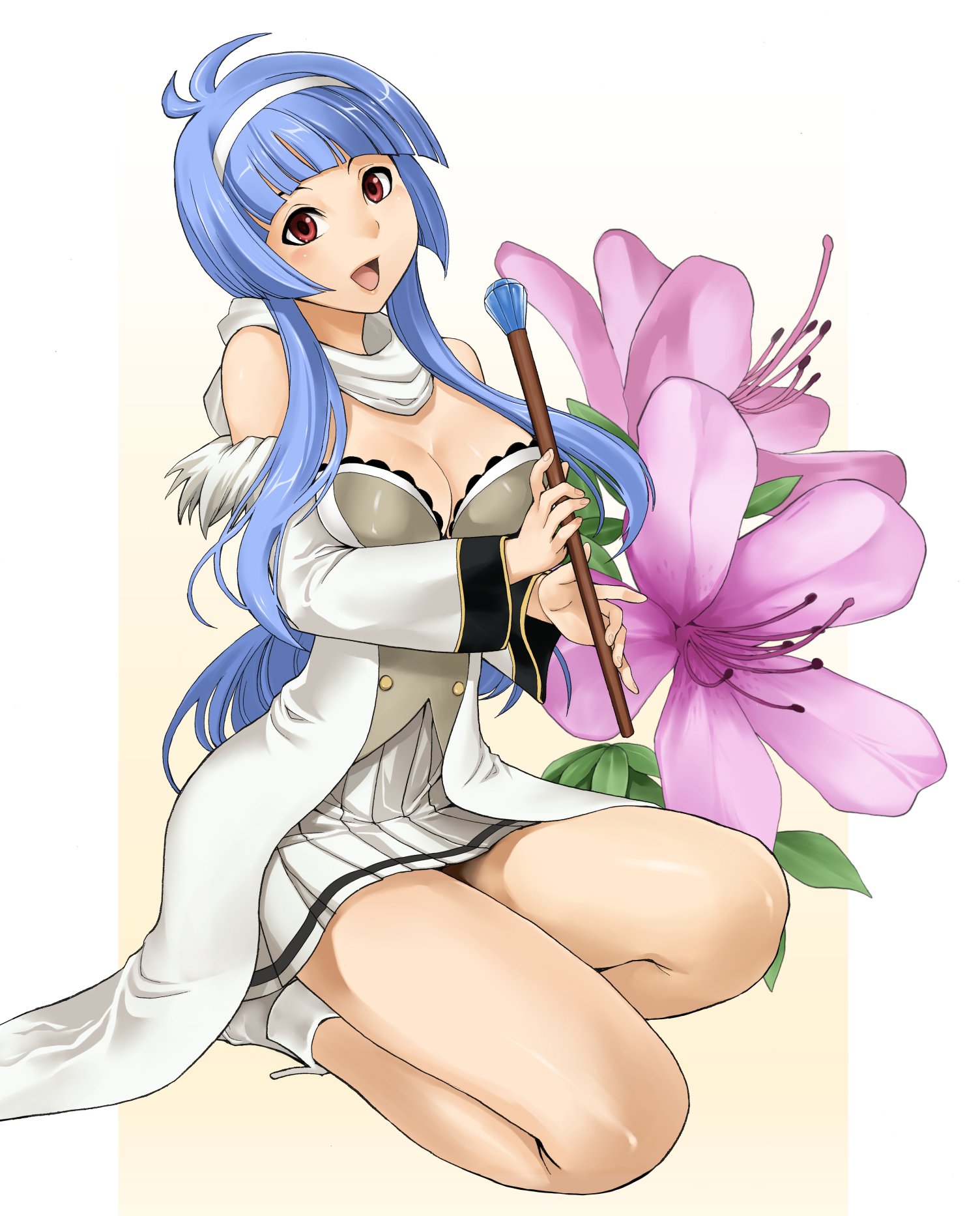 hakaba (dairiseki), satsuki (quiz magic academy), quiz magic academy, baton, highres, azalea (flower), blue hair, breasts, cleavage, detached sleeves, flower, hairband, happy, head tilt, kneeling, large breasts, legs, long hair, off shoulder, red eyes, skirt, smile, solo