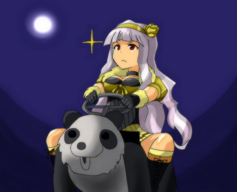 961 production, shijou takane, idolmaster, idolmaster (classic), idolmaster 1, silver hair, bad id, bad pixiv id, 00s, long hair, moon, panda, red eyes, solo, star (symbol), steering wheel