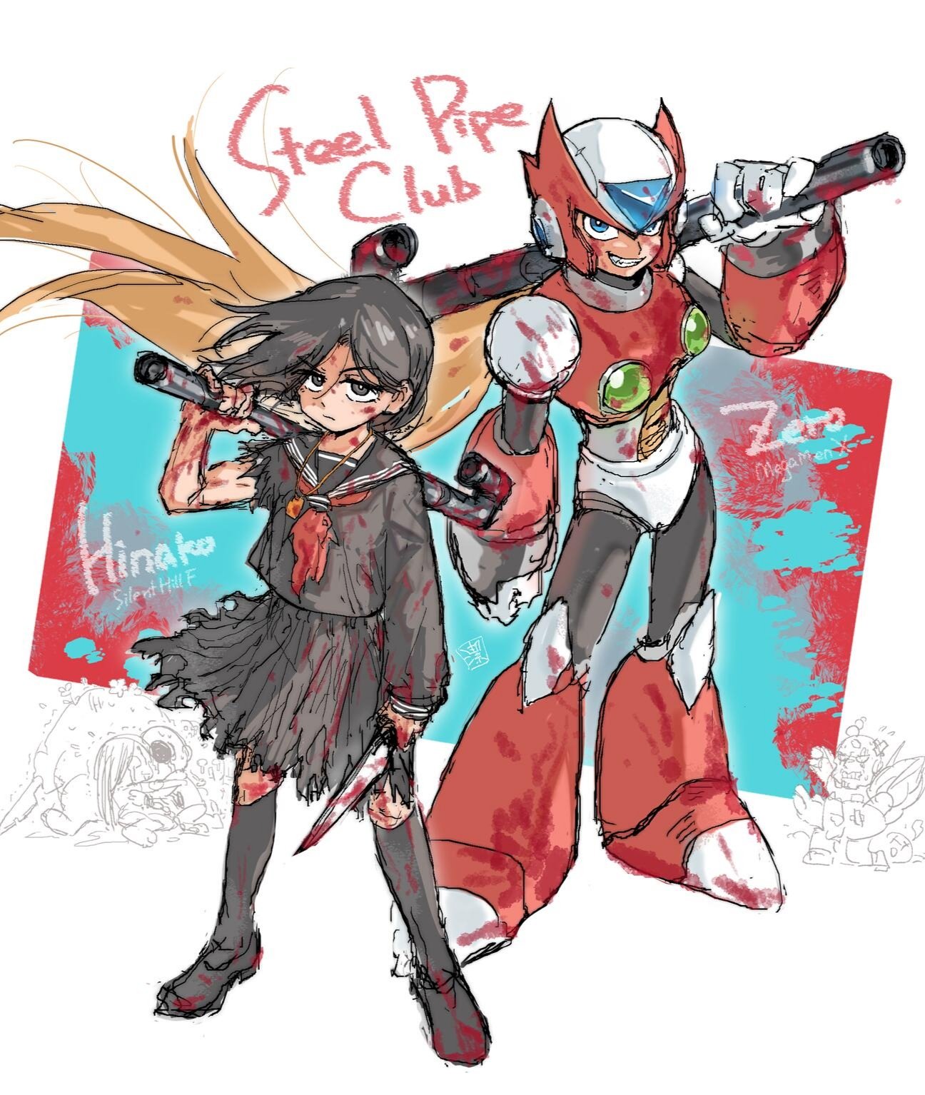 shimizu hinako, sigma (mega man), zero (mega man), mega man (series), mega man x (series), silent hill (series), silent hill f, character request, copyright request, highres, 1boy, 1girl, armor, black eyes, black hair, black shirt, black skirt, blonde hair, chest jewel, forehead jewel, full body, helmet, holding, holding knife, holding lead pipe, knife, lead pipe, long hair, red armor, red helmet, shirt, skirt, smirk, torn clothes, torn shirt, torn skirt, youitei07133