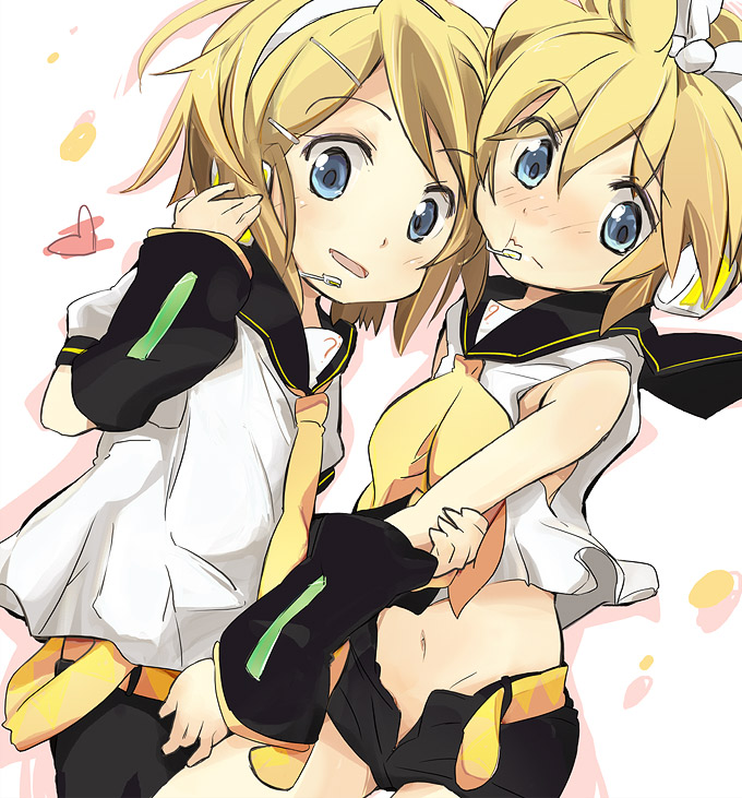 ixy, kagamine len, kagamine rin, vocaloid, 00s, 1boy, 1girl, blonde hair, blue eyes, brother and sister, cosplay, costume switch, crossdressing, navel, siblings, trap, twins