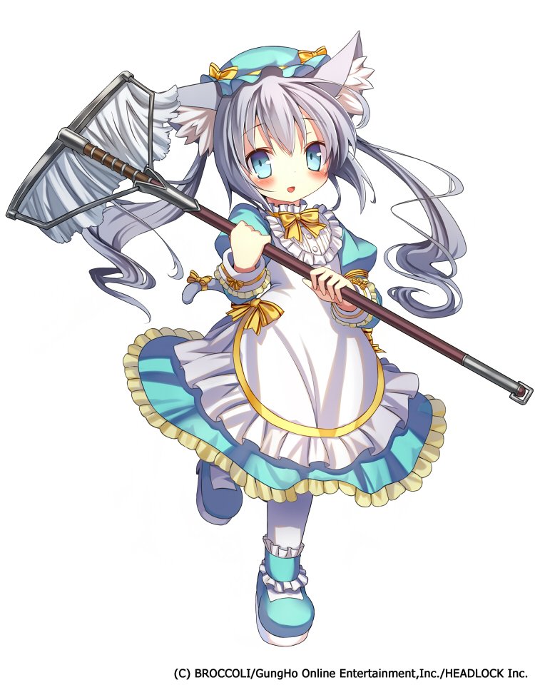 armadillon, emil chronicle online, official art, 1girl, animal ears, apron, blue boots, blue dress, blue eyes, blue hat, boots, bow, bowtie, breasts, cat ears, cat girl, cat tail, company name, copyright notice, dress, frilled apron, frilled hat, frills, hat, holding, holding mop, maid, mop, nekomata sharu, open mouth, pantyhose, ribbon, small breasts, solo, tail, twintails, two-handed, white apron, white background, white hair, white pantyhose, yellow bow, yellow ribbon