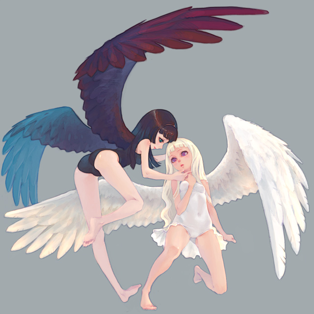 weno, original, 2girls, angel, angel and devil, angel wings, barefoot, black hair, black vs white, blue eyes, demon, dress, feet, long hair, multiple girls, one-piece swimsuit, panties, purple eyes, simple background, swimsuit, underwear, wavy hair, white hair, wings