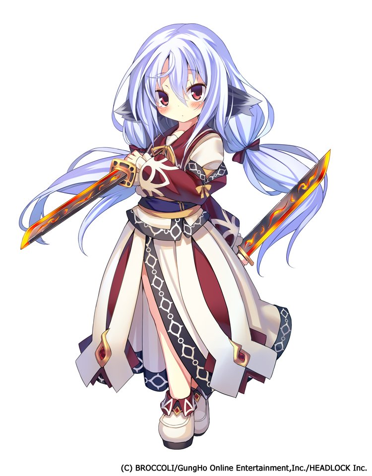 armadillon, emil chronicle online, official art, 1girl, ainu clothes, akari (eco), animal ears, blue sash, boots, bow, company name, copyright notice, dog ears, dual wielding, hair bow, holding, holding sword, holding weapon, low twintails, red bow, red eyes, red shirt, red skirt, sash, shirt, skirt, solo, sword, twintails, two-tone shirt, two-tone skirt, weapon, white background, white boots, white hair, white shirt, white skirt
