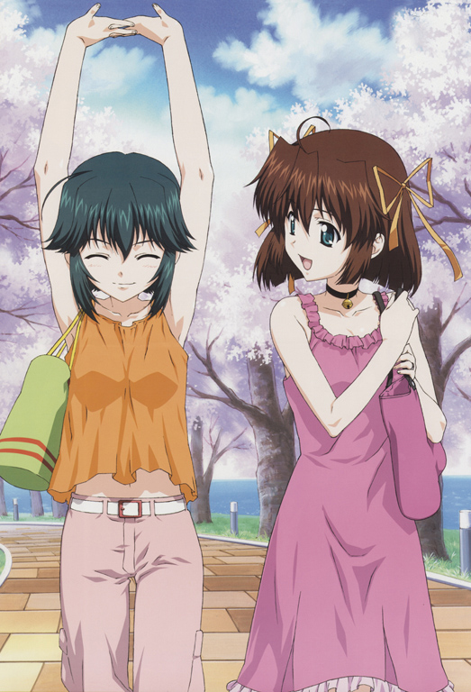 asakura nemu, mizukoshi mako, mizukoshi moe, da capo, da capo i, 00s, 2girls, bag, bell, brown hair, cherry blossoms, choker, closed eyes, green eyes, jingle bell, multiple girls, ribbon, short hair, stretching, walking