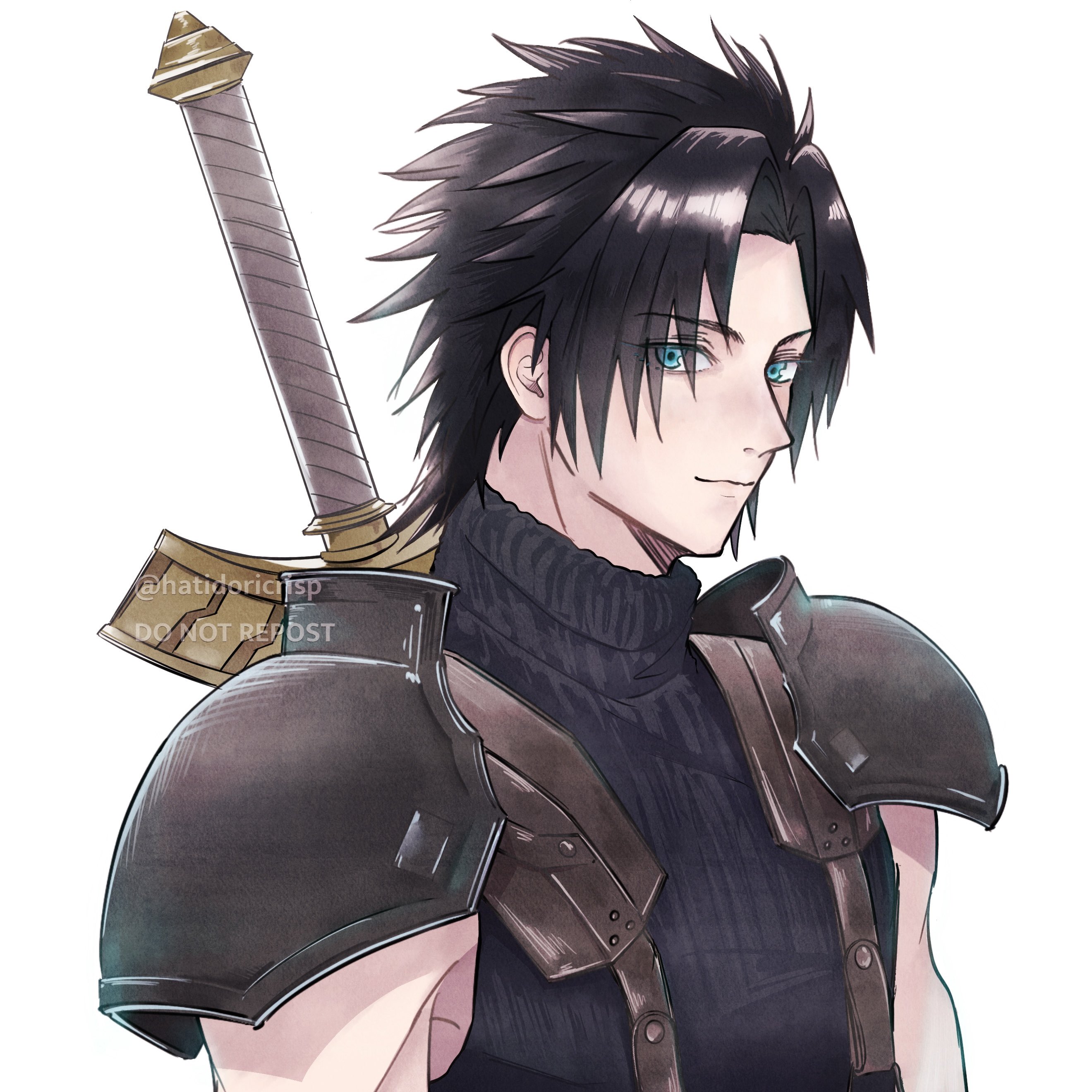 cloud strife, zack fair, crisis core final fantasy vii, final fantasy, final fantasy vii, square enix, absurdres, commentary, highres, 1boy, armor, black hair, blue eyes, closed mouth, cloud strife (cosplay), hatidoricrisp, looking at viewer, male focus, parted bangs, ribbed sweater, short hair, shoulder armor, sleeveless, sleeveless turtleneck, solo, spiked hair, suspenders, sweater, sword, sword on back, turtleneck, turtleneck sweater, twitter username, upper body, weapon, weapon on back, white background