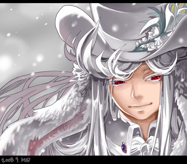 mid777, white rabbit (alice in wonderland), alice's adventures in wonderland, bad id, bad pixiv id, 1boy, albino, animal ears, hat, letterboxed, long hair, male focus, rabbit ears, red eyes, solo, white hair