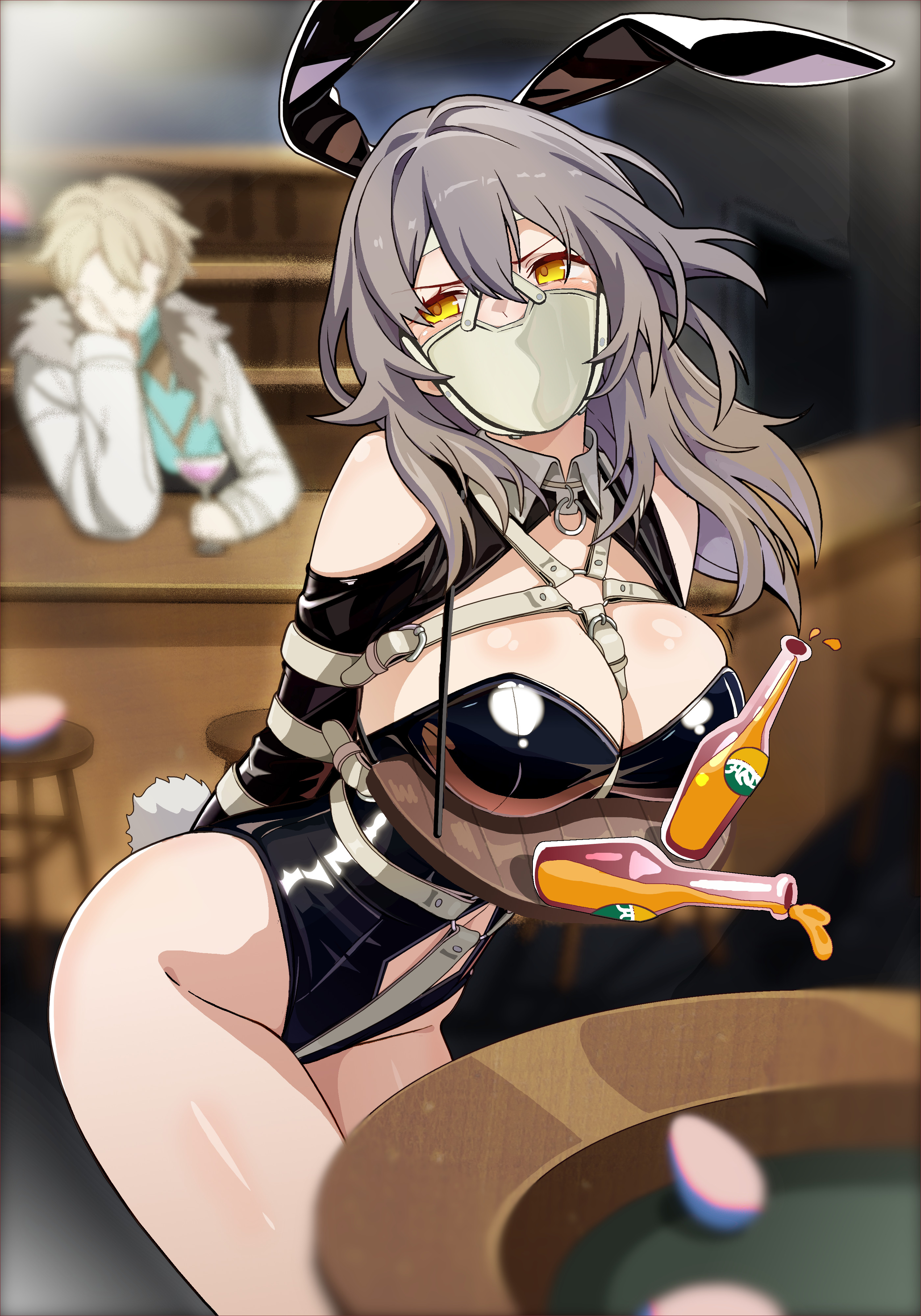 tiedtiki, stelle (honkai: star rail), trailblazer (honkai: star rail), honkai: star rail, honkai (series), absurdres, highres, 1boy, 1girl, animal ears, arms behind back, bare shoulders, bdsm, bondage, bound, breast bondage, breasts, breasts on tray, cleavage, cloth gag, clothing cutout, crotch rope, gag, gag harness, gagged, grey hair, holding, holding tray, improvised gag, large breasts, long hair, over the nose gag, playboy bunny, rabbit ears, shibari, shibari over clothes, shrug (clothing), skindentation, standing, stomach cutout, tray, yellow eyes