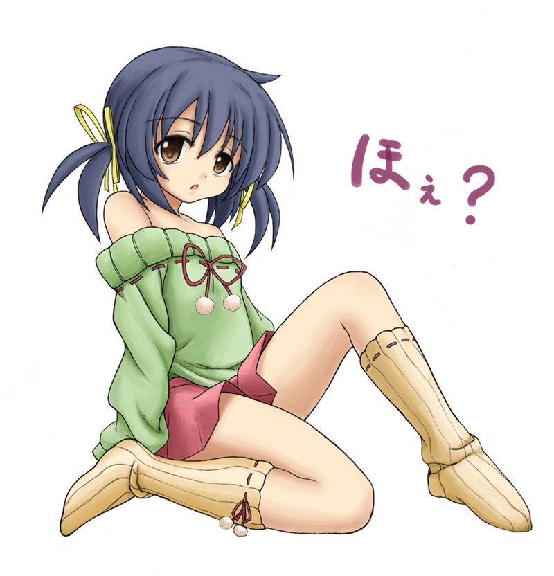 muguru, sunohara mei, clannad, translation request, 00s, 1girl, bare shoulders, blue hair, brown eyes, feet, female focus, flat chest, green shirt, long hair, open mouth, shirt, socks, solo, sweater, twintails