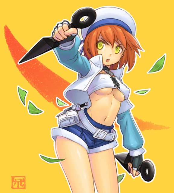 iyokawa, scout (fez), fantasy earth zero, 1girl, :o, bandeau, beret, breasts, female focus, fingerless gloves, gloves, hat, kunai, midriff, orange hair, solo, strapless, tube top, underboob, weapon, yellow eyes