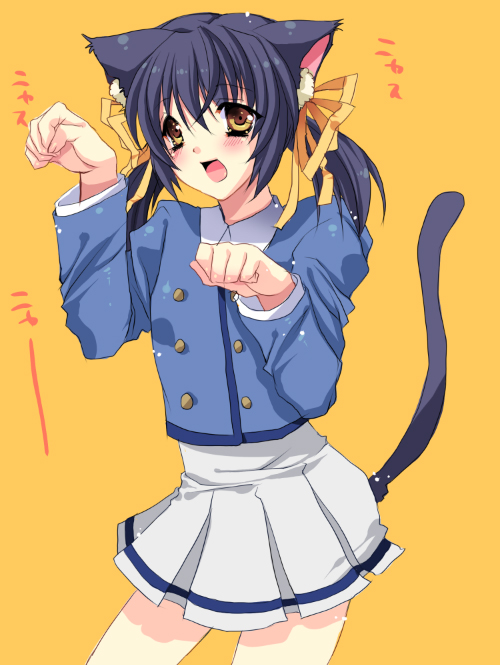 kairi (pixiv117622), kairi (strawberry drop), sunohara mei, clannad, bad id, bad pixiv id, 00s, animal ears, blue hair, brown eyes, cat ears, cat tail, long hair, paw pose, solo, tail, twintails