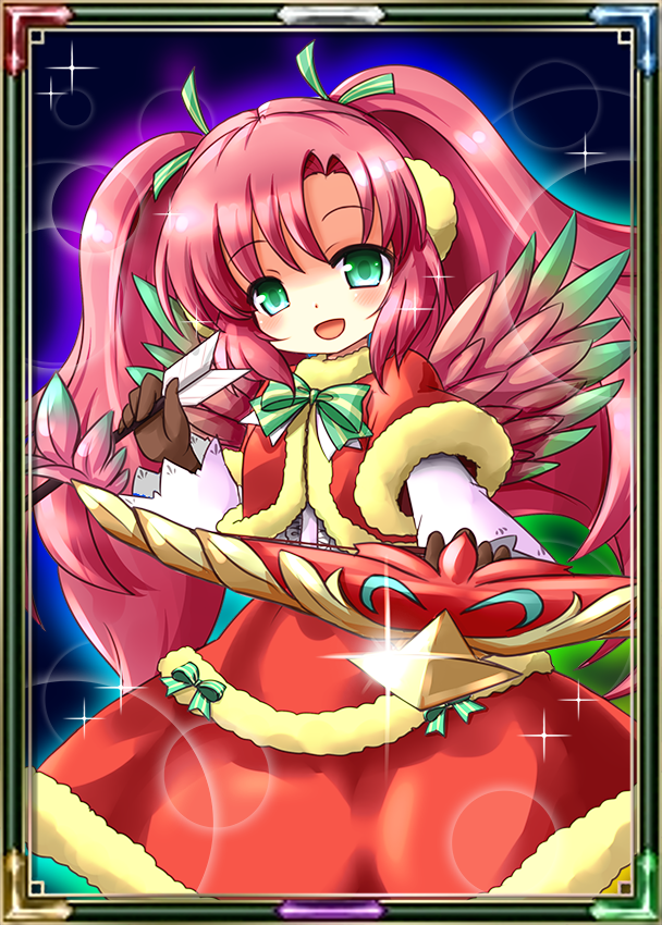 akino sakura, emil chronicle online, 1girl, arrow (projectile), bow (weapon), fur jacket, fur skirt, gradient wings, green eyes, green ribbon, green wings, hair ribbon, holding, holding arrow, holding bow (weapon), holding weapon, jacket, kokko alma, long hair, multicolored wings, open mouth, pink hair, pink wings, red jacket, red skirt, ribbon, shirt, skirt, solo, twintails, weapon, white shirt, wings