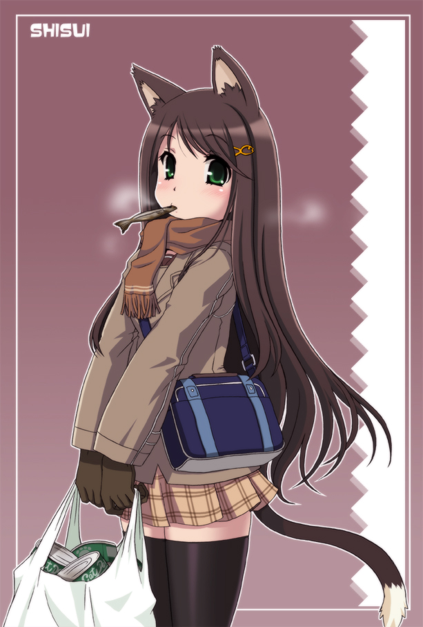 shisui, original, animal ears, bag, breath, brown hair, cat ears, cat tail, fish, gloves, green eyes, groceries, hair ornament, hairclip, long hair, mouth hold, scarf, shopping bag, solo, tail, thighhighs, zettai ryouiki