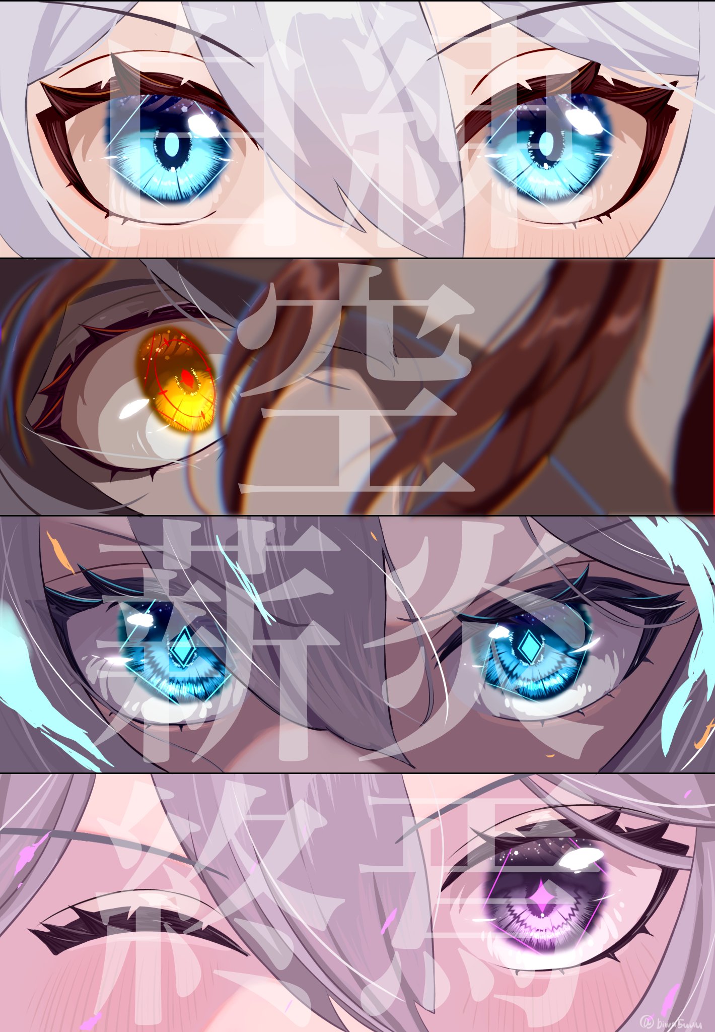 kiana kaslana, kiana kaslana (herrscher of finality), kiana kaslana (herrscher of flamescion), kiana kaslana (herrscher of the void), kiana kaslana (white comet), murata himeko, murata himeko (vermillion knight), honkai (series), honkai impact 3rd, highres, 1girl, biwa5uuu, blue eyes, blush stickers, close-up, diamond-shaped pupils, diamond (shape), hair between eyes, one eye closed, purple eyes, red hair, red pupils, romaji text, star-shaped pupils, star (symbol), symbol-shaped pupils, v-shaped eyebrows, white hair, yellow eyes