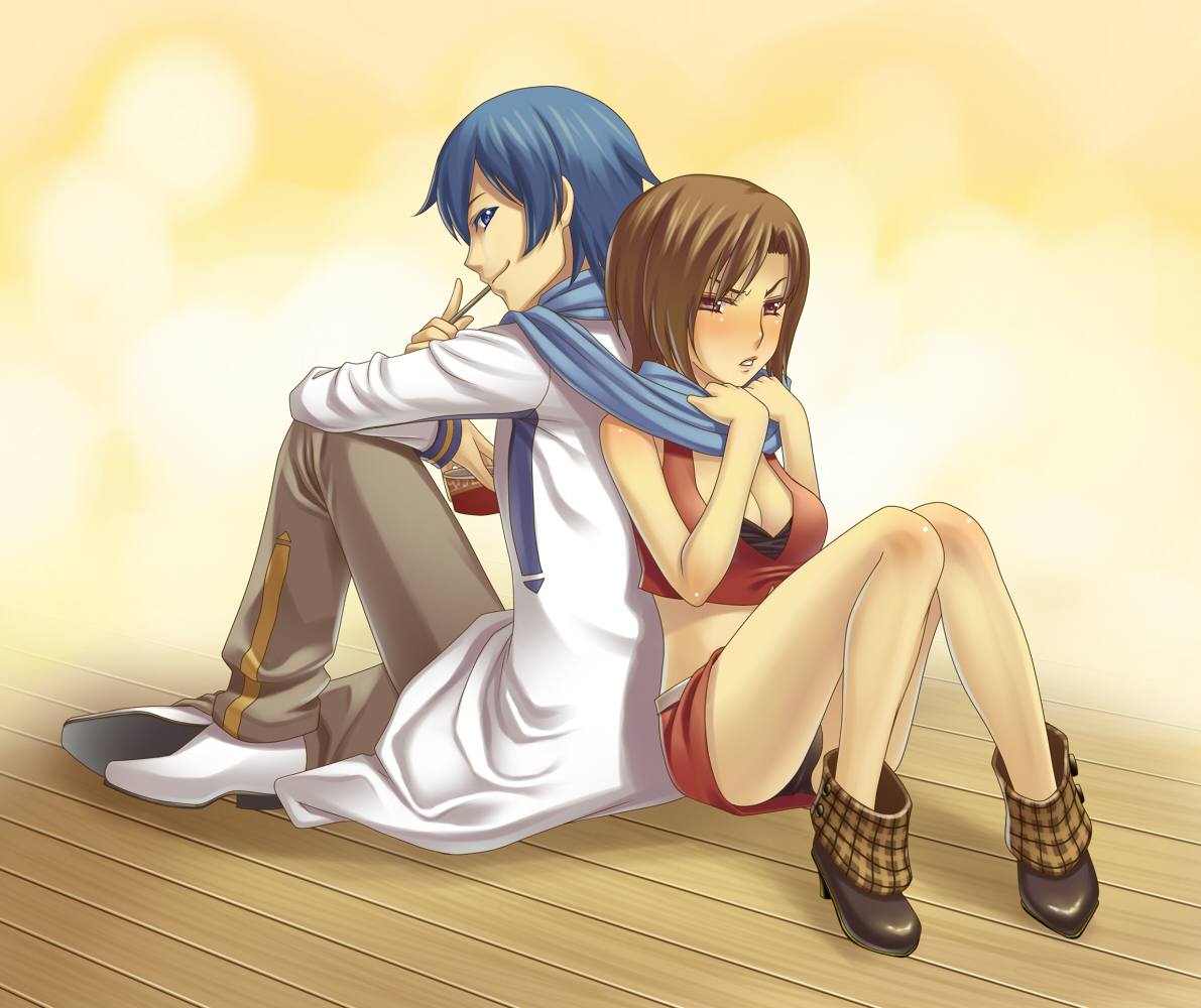 terumii, kaito (vocaloid), meiko (vocaloid), vocaloid, bad id, bad pixiv id, 1boy, 1girl, back-to-back, black panties, blue eyes, blue hair, blue scarf, blush, breasts, brown eyes, brown hair, cleavage, high heels, medium breasts, panties, pantyshot, scarf, shared clothes, shared scarf, shoes, short hair, sitting, underwear, wooden floor