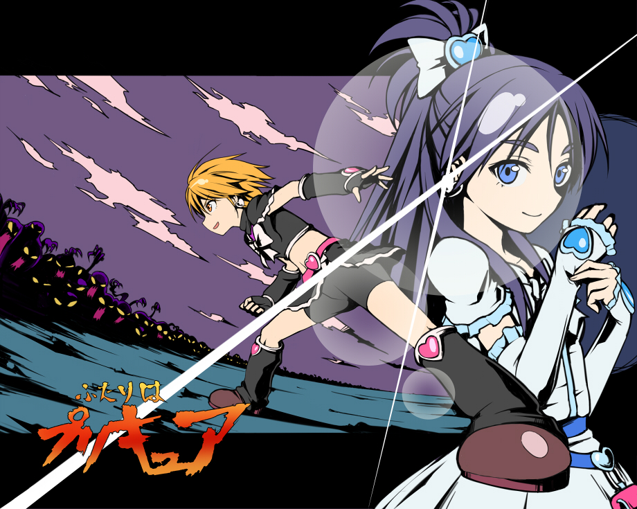 nnyu, cure black, cure white, misumi nagisa, yukishiro honoka, zakenna, futari wa precure, precure, tengen toppa gurren lagann, bad id, bad pixiv id, 2girls, bike shorts, blue eyes, boots, copyright name, detached sleeves, eyecatch, half updo, lens flare, letterboxed, long hair, magical girl, multiple girls, orange hair, parody, purple hair, short hair, shorts, shorts under skirt, skirt, smile, style parody