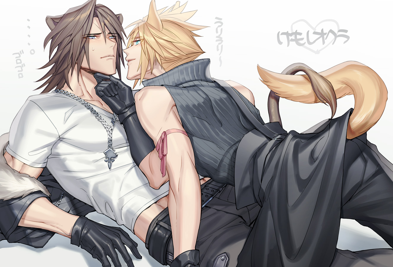 jou (mono), cloud strife, squall leonhart, kingdom hearts, kingdom hearts ii, commentary request, translation request, …, 2boys, all fours, animal ears, arm ribbon, belt, between legs, black belt, black gloves, black jacket, black pants, black vest, blonde hair, blue eyes, blush, brown hair, chain, chain necklace, fur-trimmed jacket, fur trim, gloves, hand on another's chin, heart, imminent kiss, jacket, jewelry, kemonomimi mode, knee up, leaning forward, lion boy, lion ears, lion tail, long hair, looking at another, lying, male focus, midriff peek, multiple boys, necklace, off shoulder, on back, pants, pendant, pink ribbon, ribbon, scar, scar on face, shirt, short hair, short sleeves, spiked hair, sweatdrop, tail, toned, toned male, upper body, vest, waist cape, white background, white fur, white shirt, wolf boy, wolf tail, yaoi